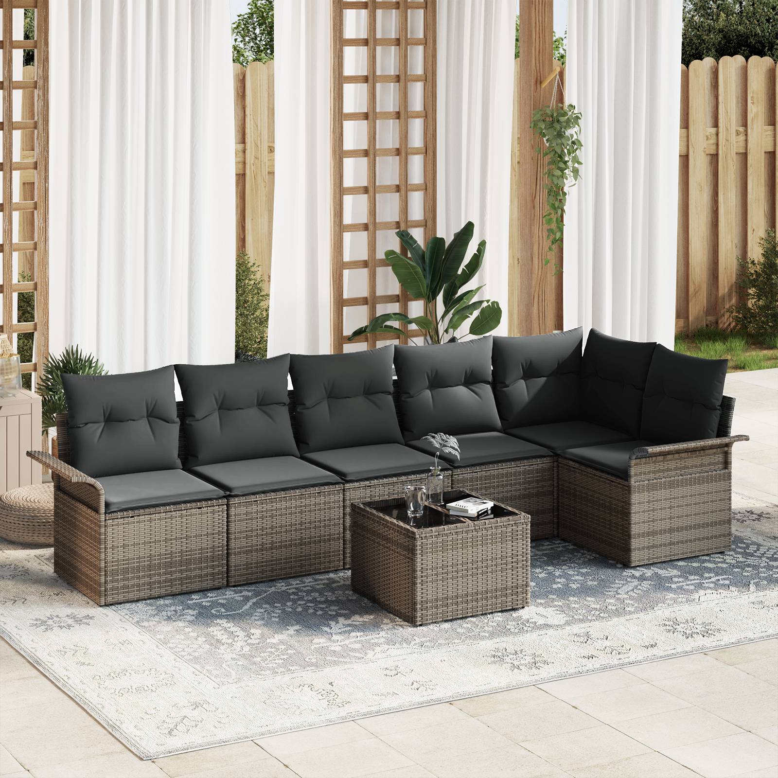 vidaXL 6-teiliges Garten-Sofa-Set mit Kissen, schwarzes Poly-Rattan