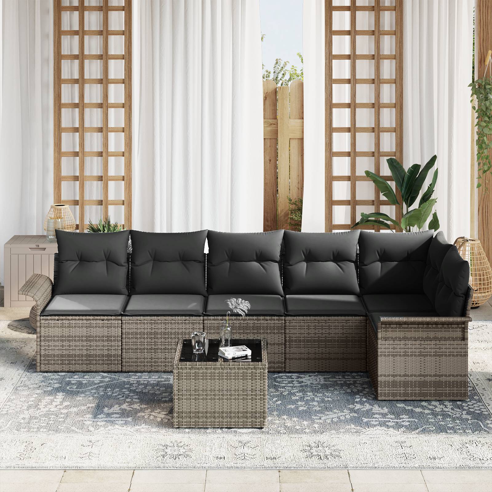 vidaXL 6-teiliges Garten-Sofa-Set mit Kissen, schwarzes Poly-Rattan
