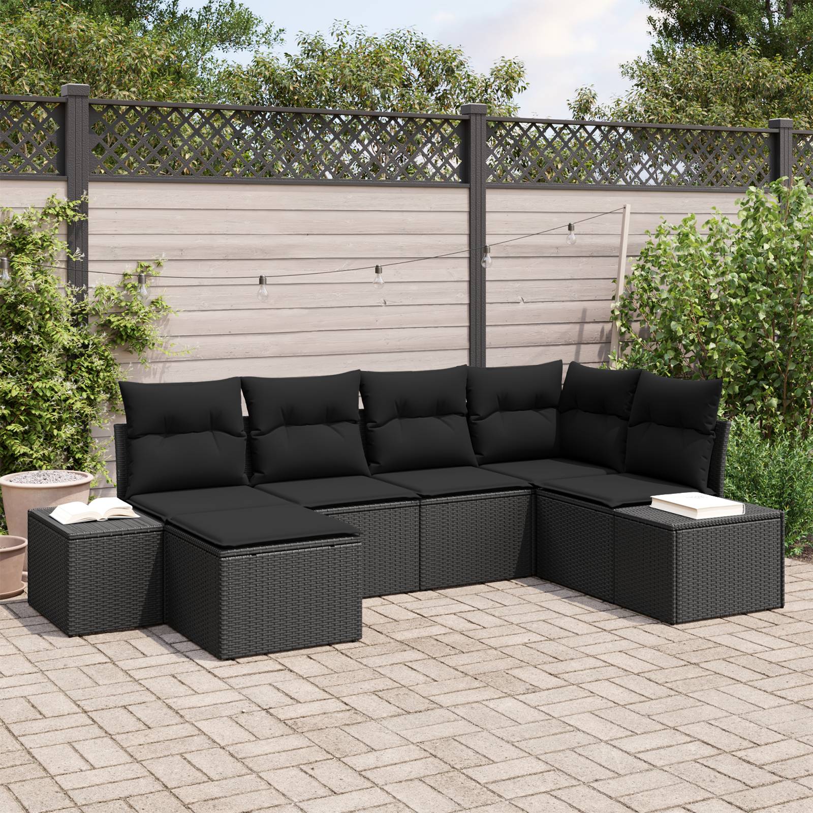 vidaXL 6-tlg. Garten-Sofagarnitur mit Kissen Schwarz Poly Rattan