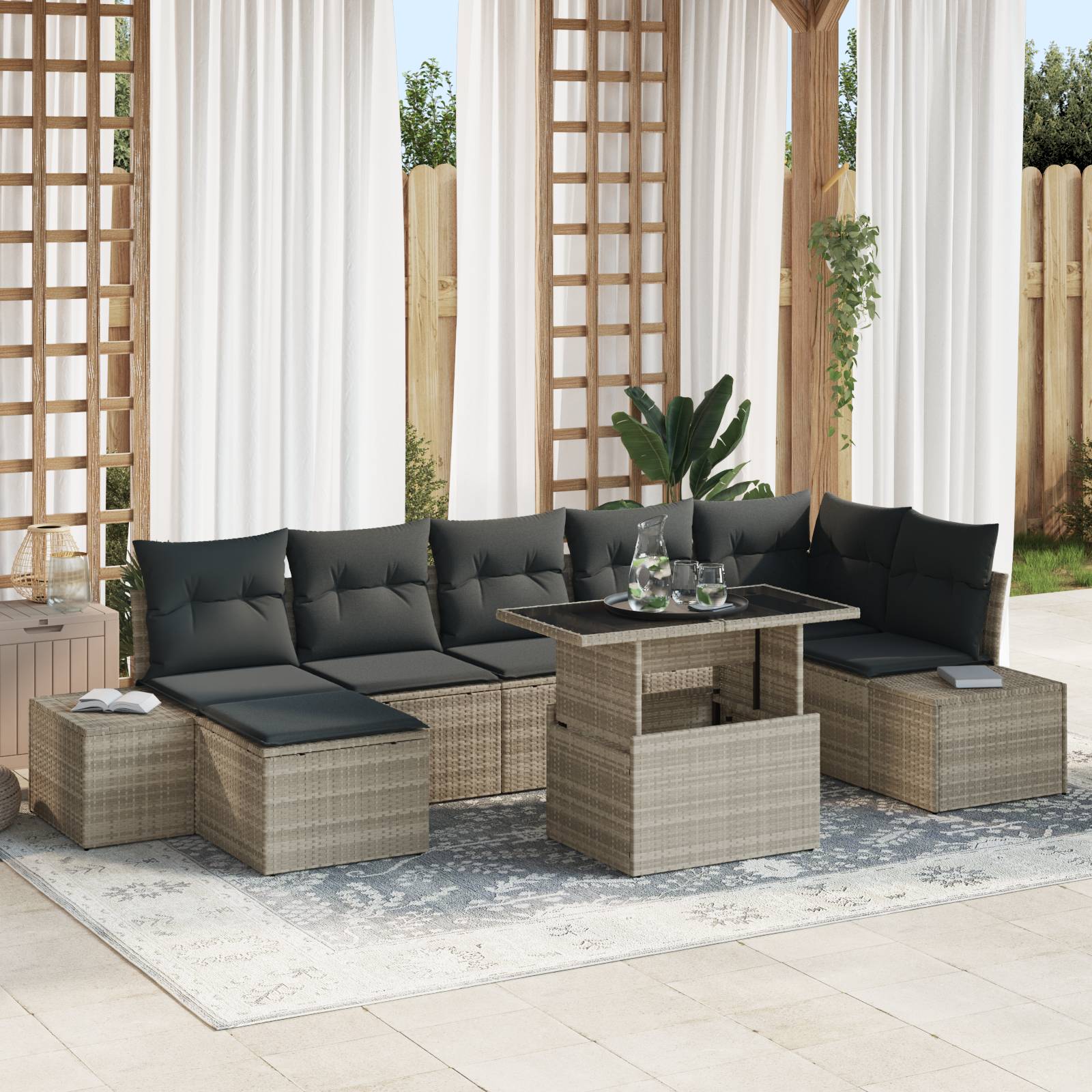 vidaXL 8-tlg. Garten-Sofagarnitur mit Kissen Hellgrau Poly Rattan