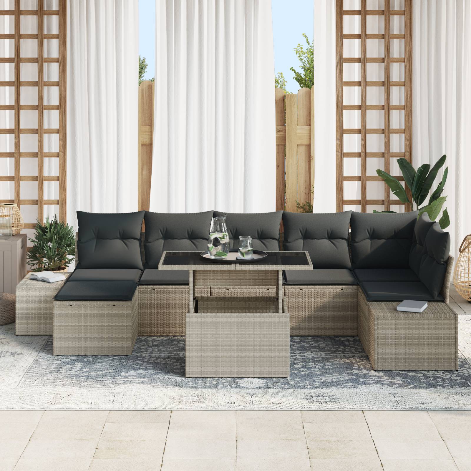 vidaXL 8-tlg. Garten-Sofagarnitur mit Kissen Hellgrau Poly Rattan