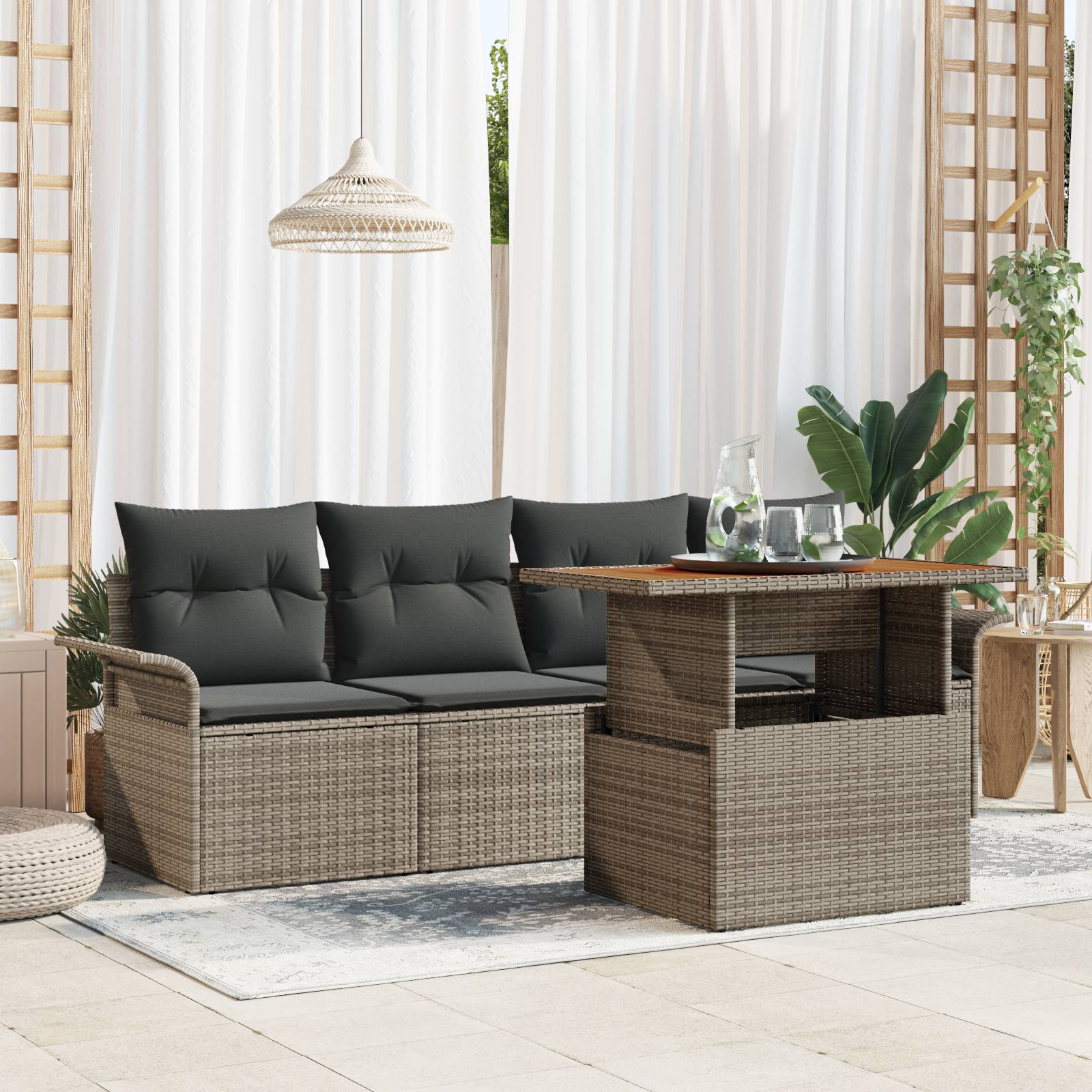 vidaXL 5-teiliges Garten-Sofa-Set mit Kissen Grau Poly-Rattan