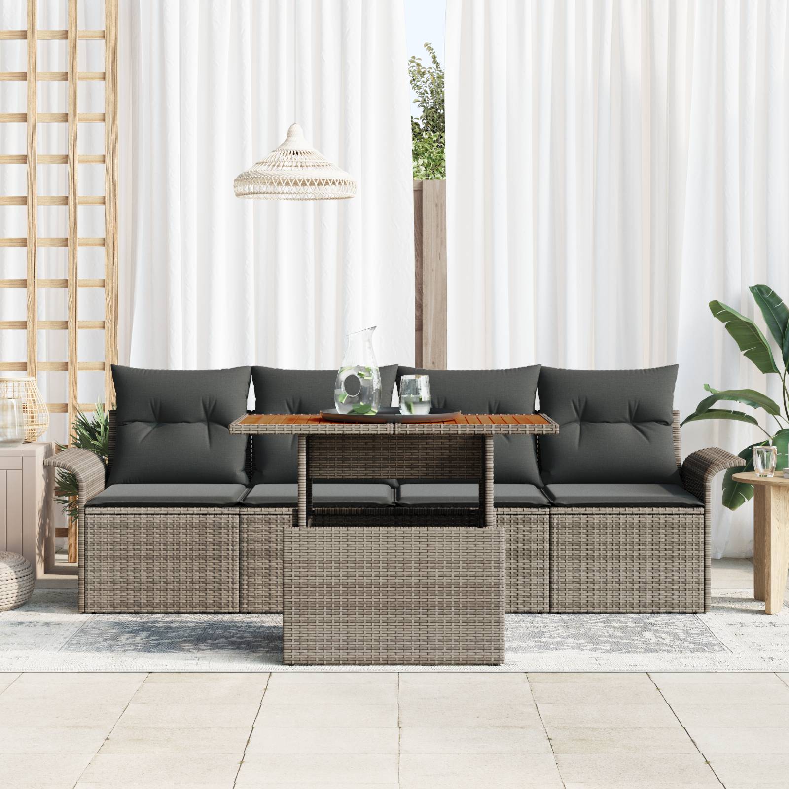 vidaXL 5-teiliges Garten-Sofa-Set mit Kissen Grau Poly-Rattan