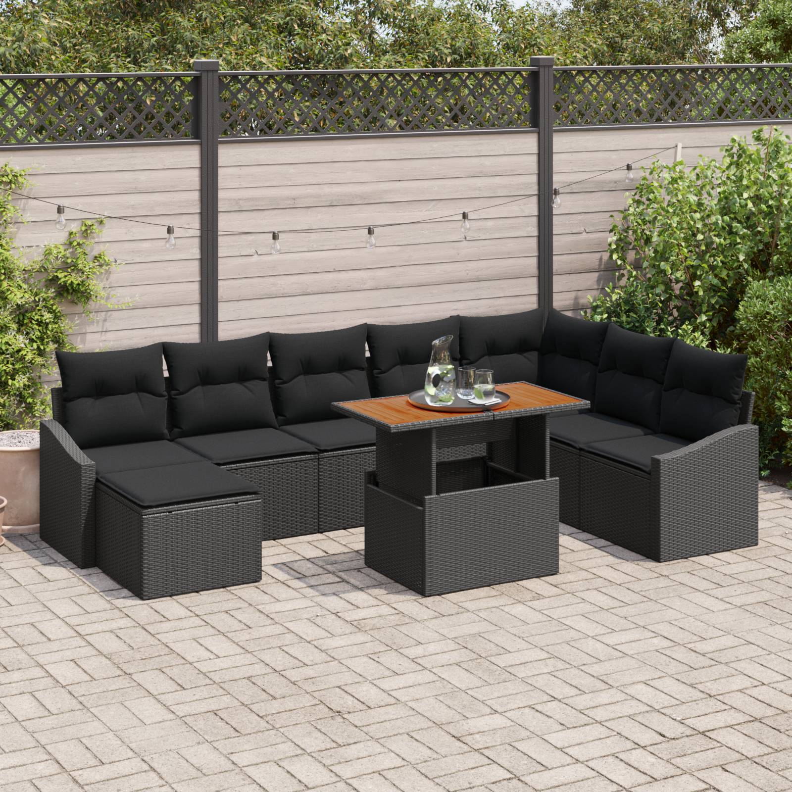 vidaXL 9-tlg. Garten-Essgruppe mit Kissen Schwarz Poly Rattan Akazie