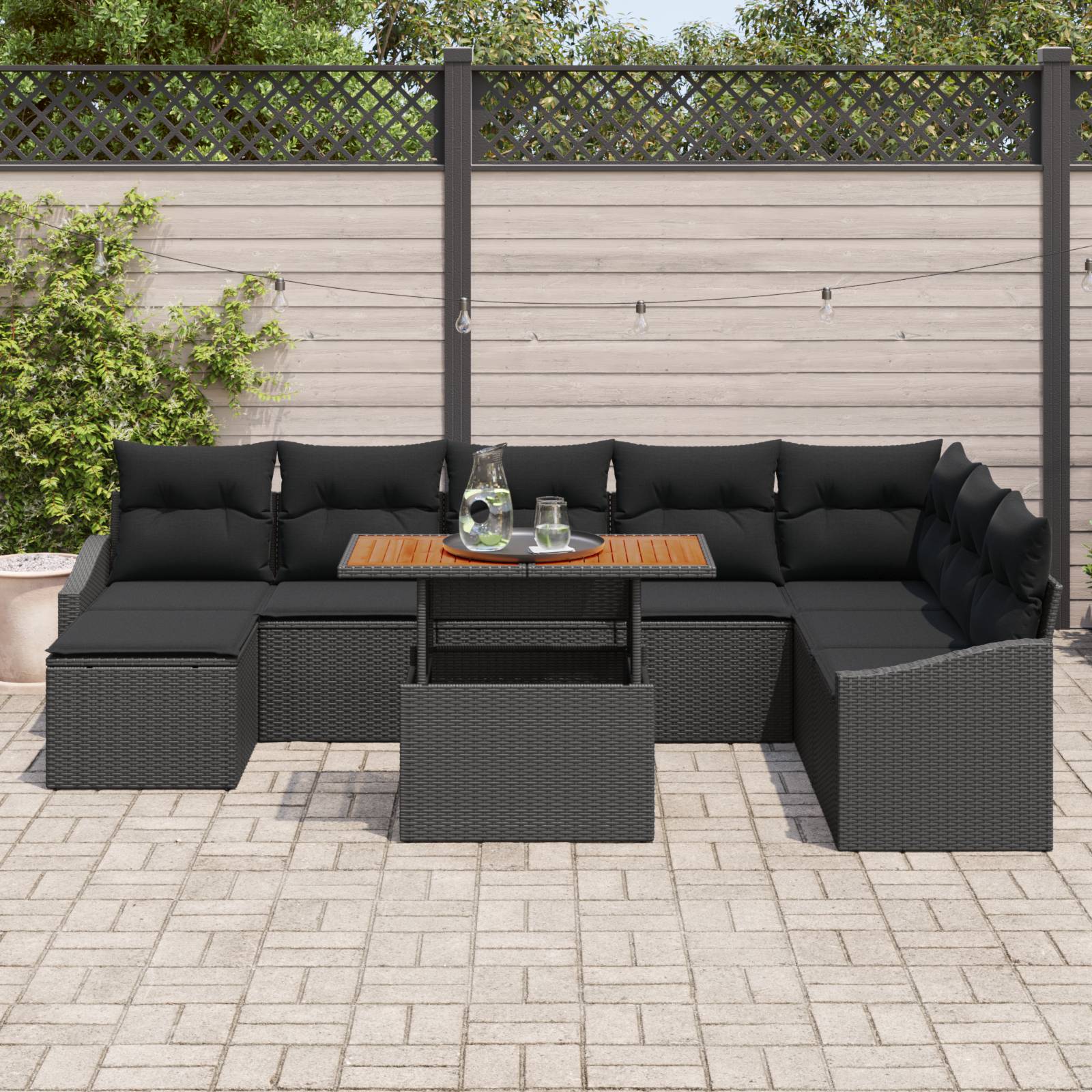 vidaXL 9-tlg. Garten-Essgruppe mit Kissen Schwarz Poly Rattan Akazie