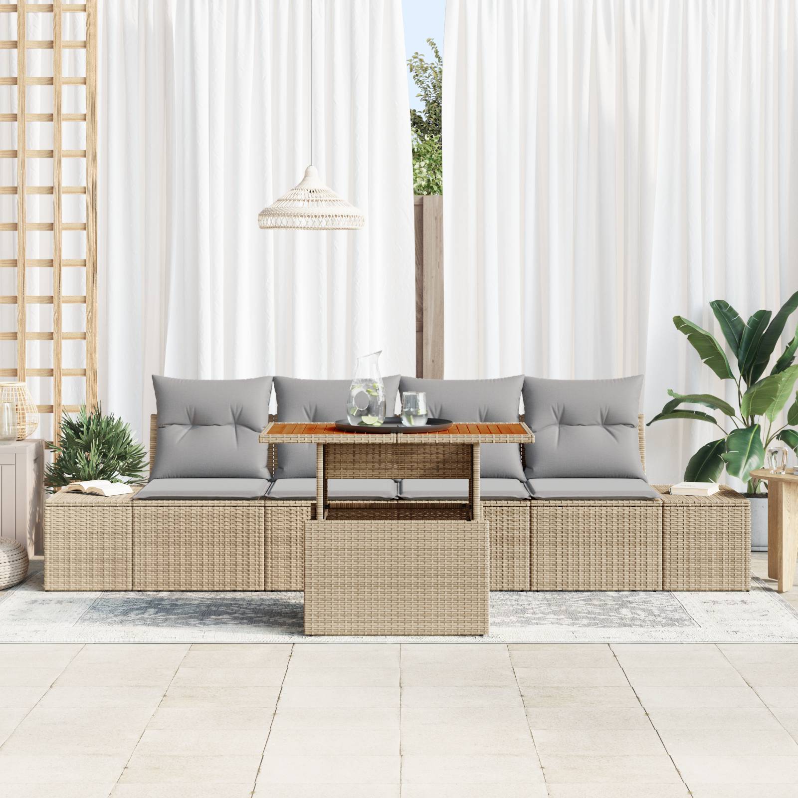 vidaXL 5-tlg. Garten-Sofagarnitur mit Kissen Beige Poly Rattan