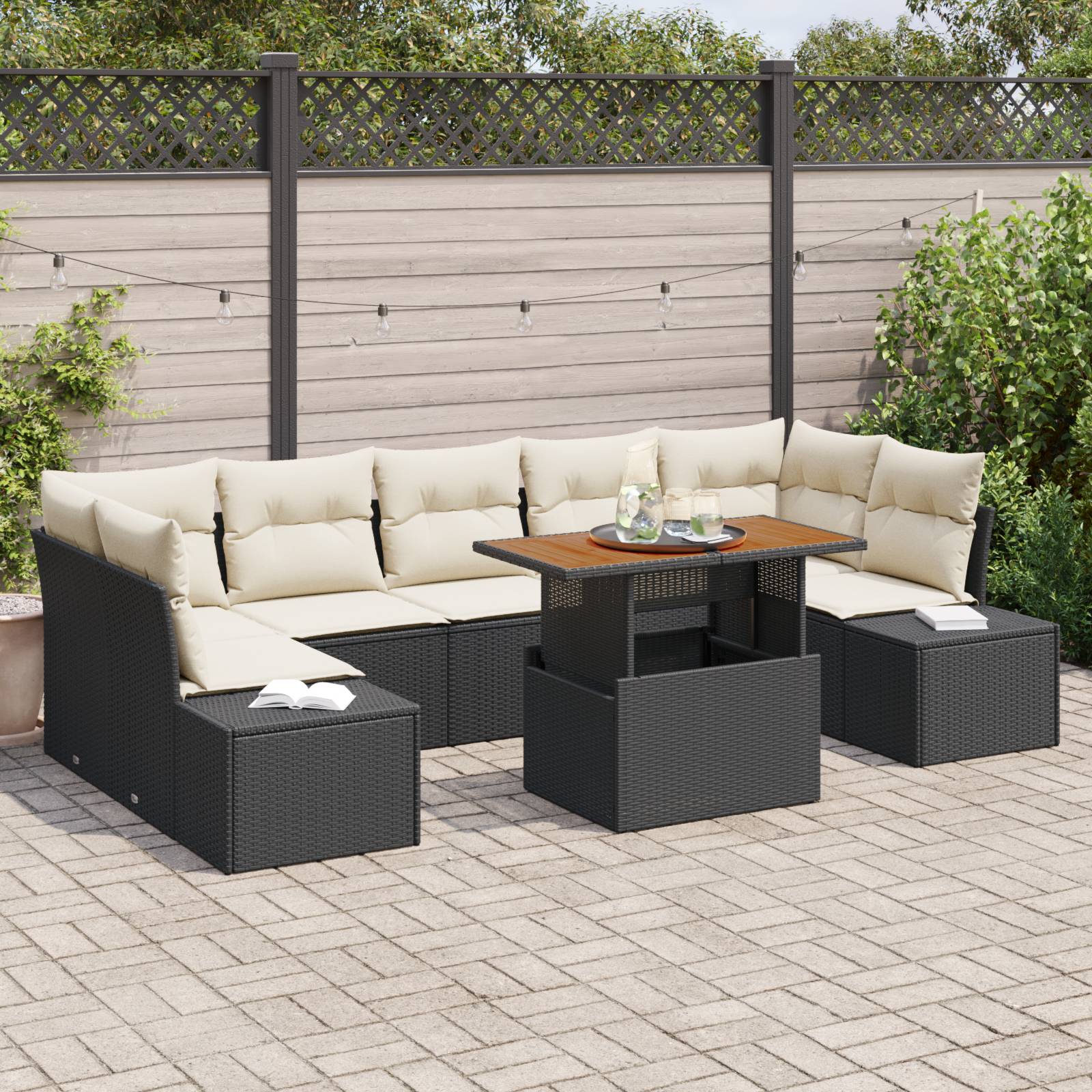 vidaXL 8-tlg. Garten-Essgruppe mit Kissen Schwarz Poly Rattan Akazie