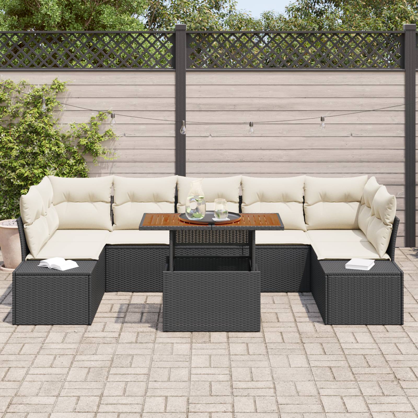 vidaXL 8-tlg. Garten-Essgruppe mit Kissen Schwarz Poly Rattan Akazie