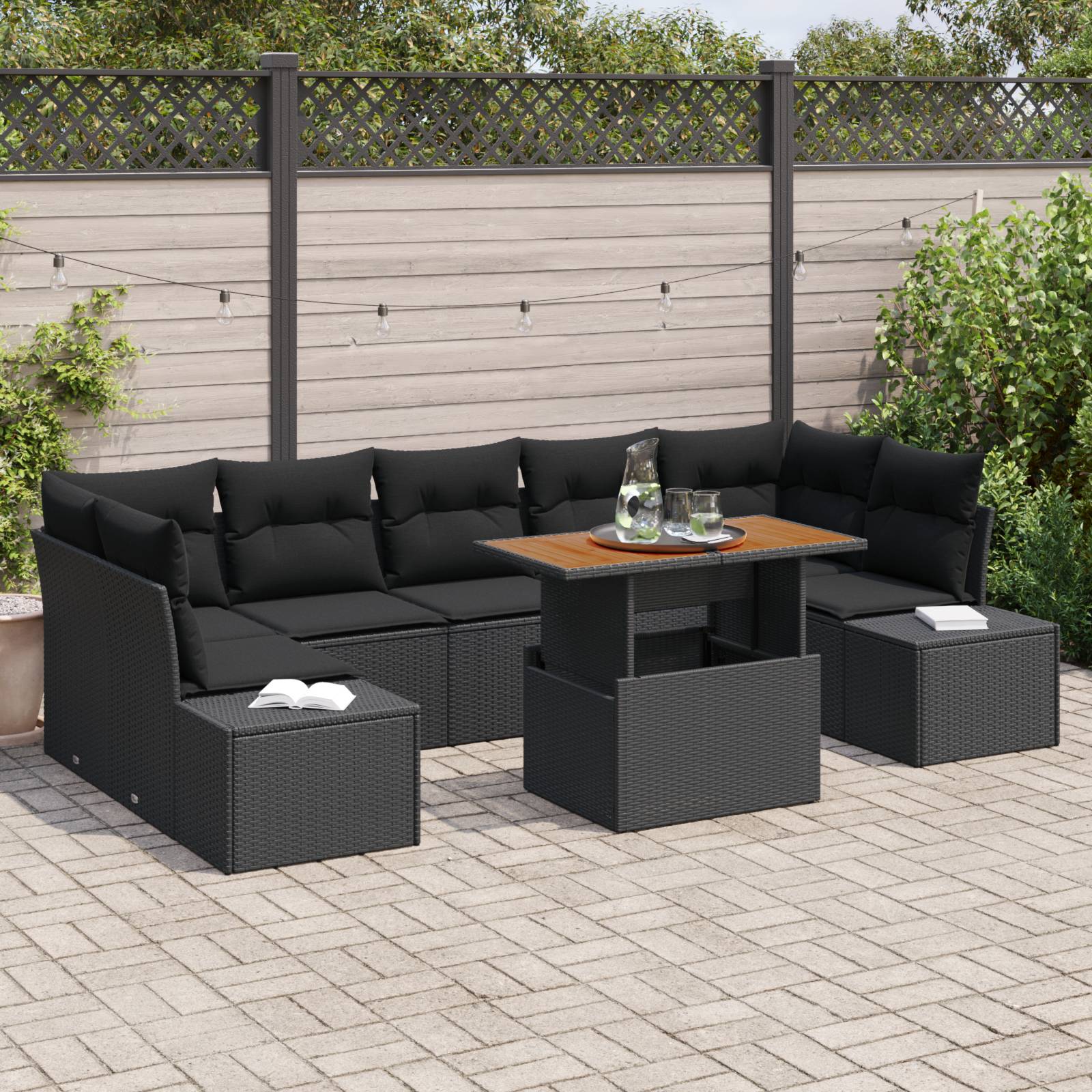 vidaXL 8-tlg. Garten-Essgruppe mit Kissen Schwarz Poly Rattan Akazie