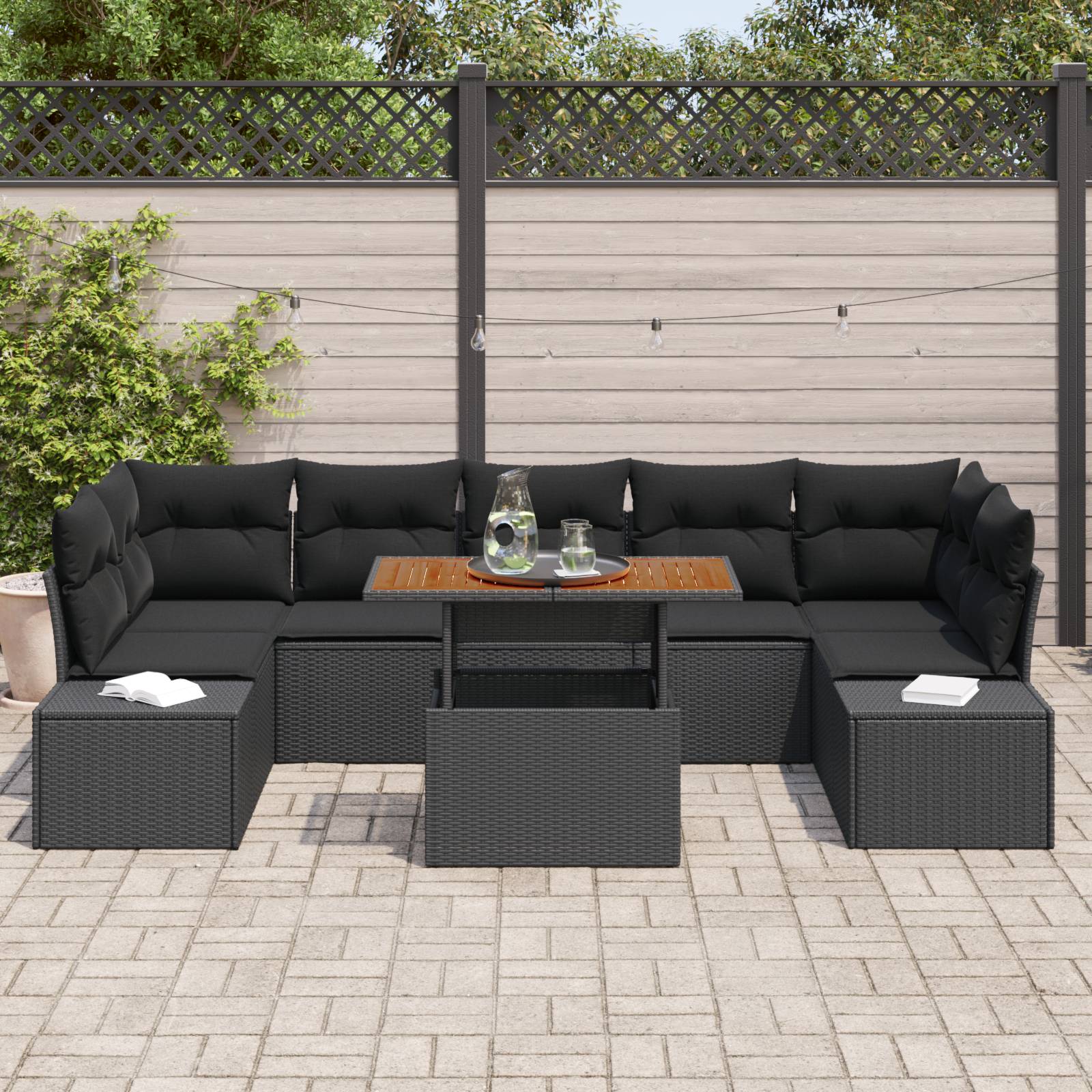 vidaXL 8-tlg. Garten-Essgruppe mit Kissen Schwarz Poly Rattan Akazie