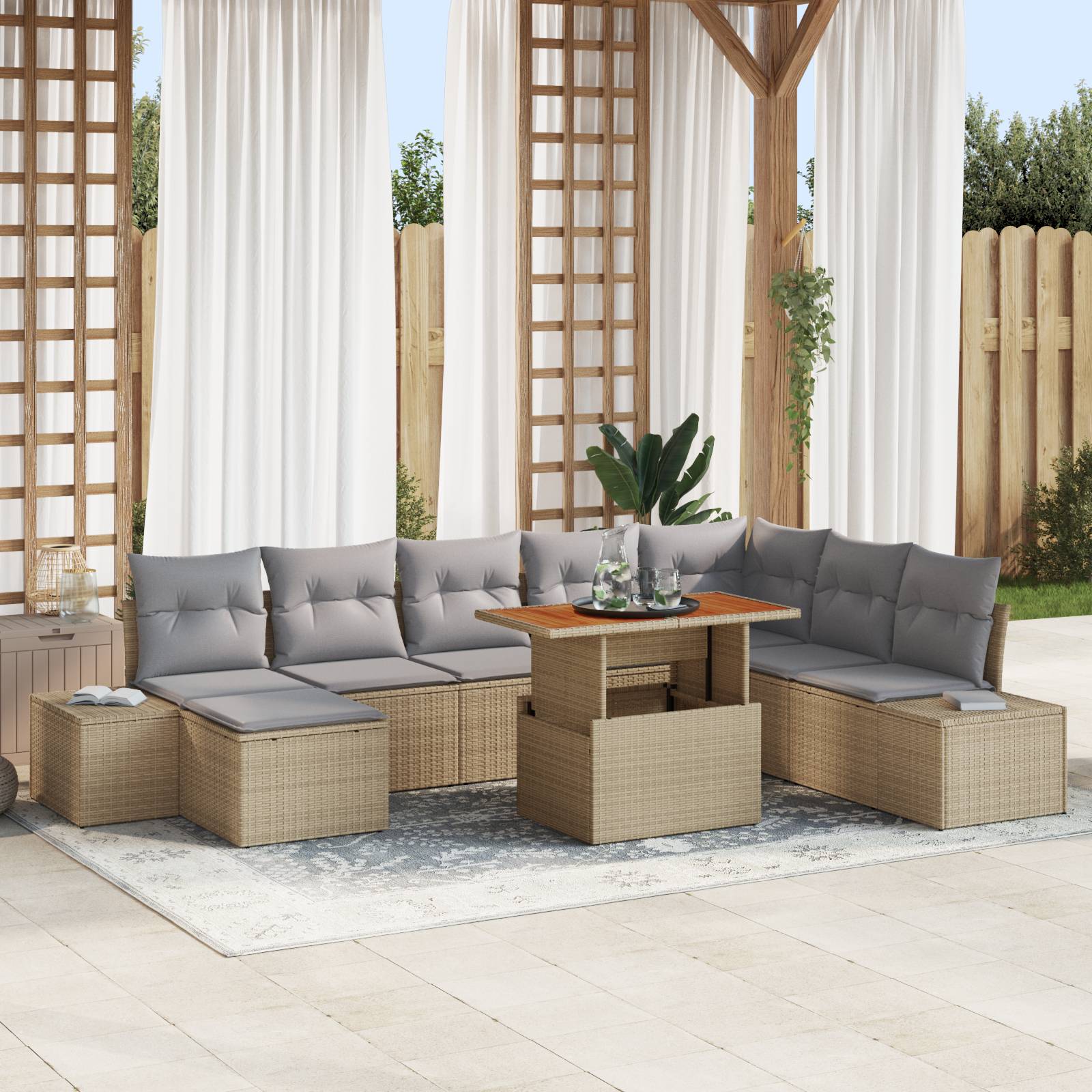 vidaXL 9-tlg. Garten-Essgruppe mit Kissen Beige Poly Rattan Akazie