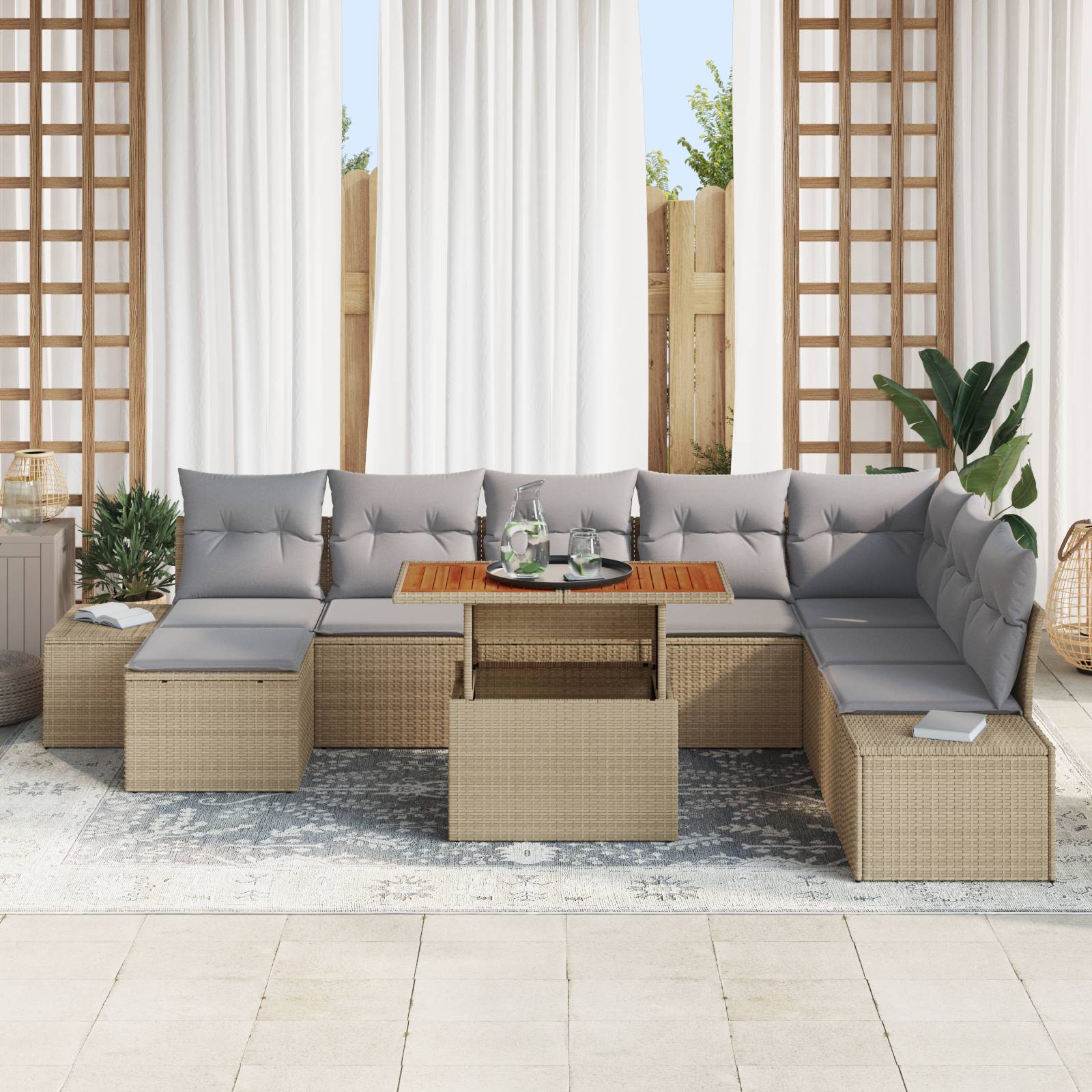 vidaXL 9-tlg. Garten-Essgruppe mit Kissen Beige Poly Rattan Akazie