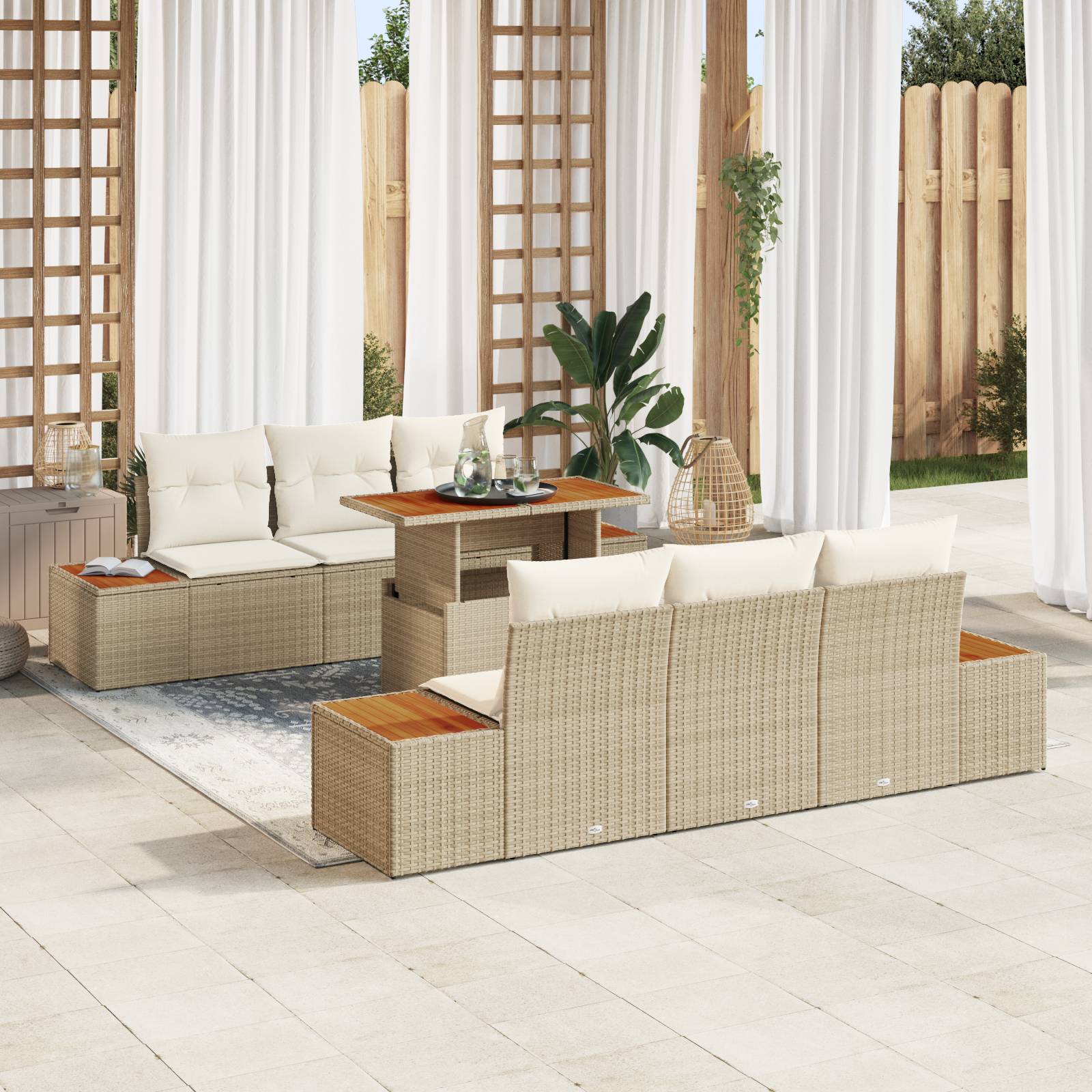 vidaXL 7-teilige Garten-Sofa-Set mit Kissen Beige Poly Rattan