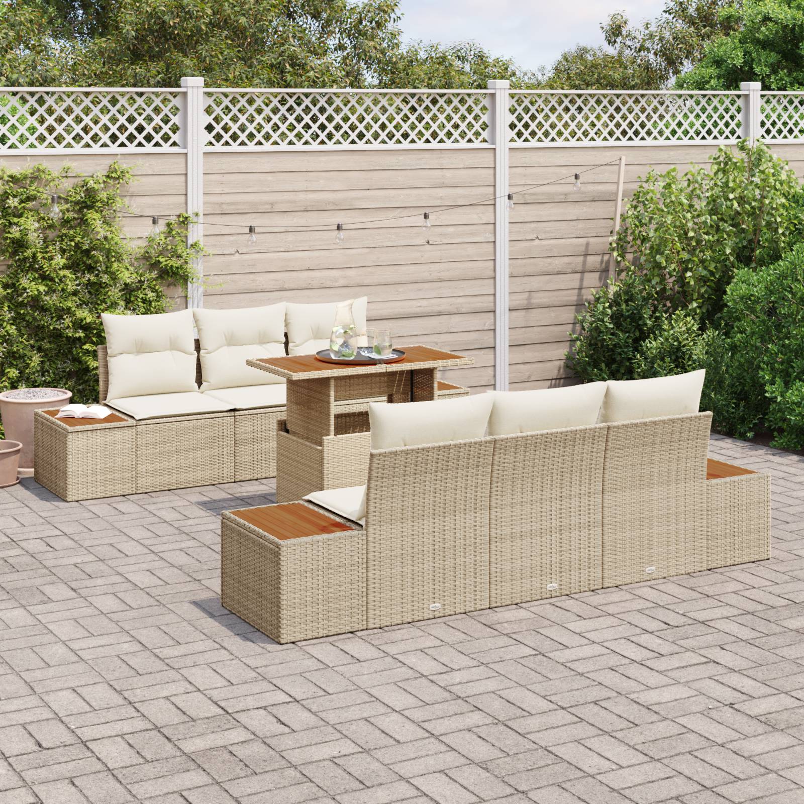 vidaXL 7-teilige Garten-Sofa-Set mit Kissen Beige Poly Rattan