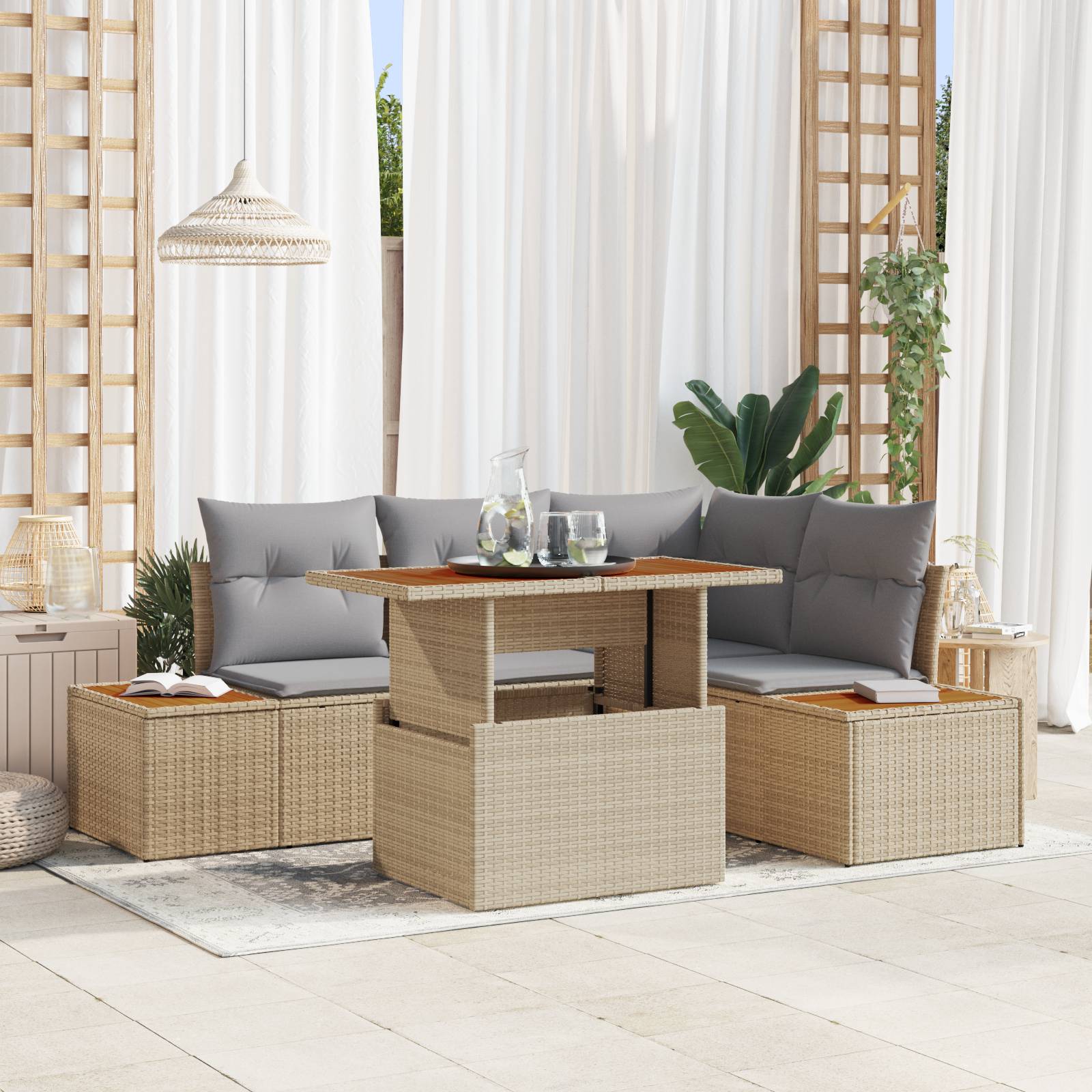 vidaXL 5-teiliges Garten-Sofa-Set mit Kissen Beige Poly Rattan