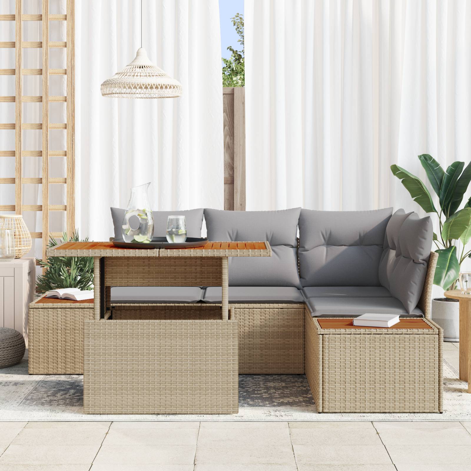 vidaXL 5-teiliges Garten-Sofa-Set mit Kissen Beige Poly Rattan