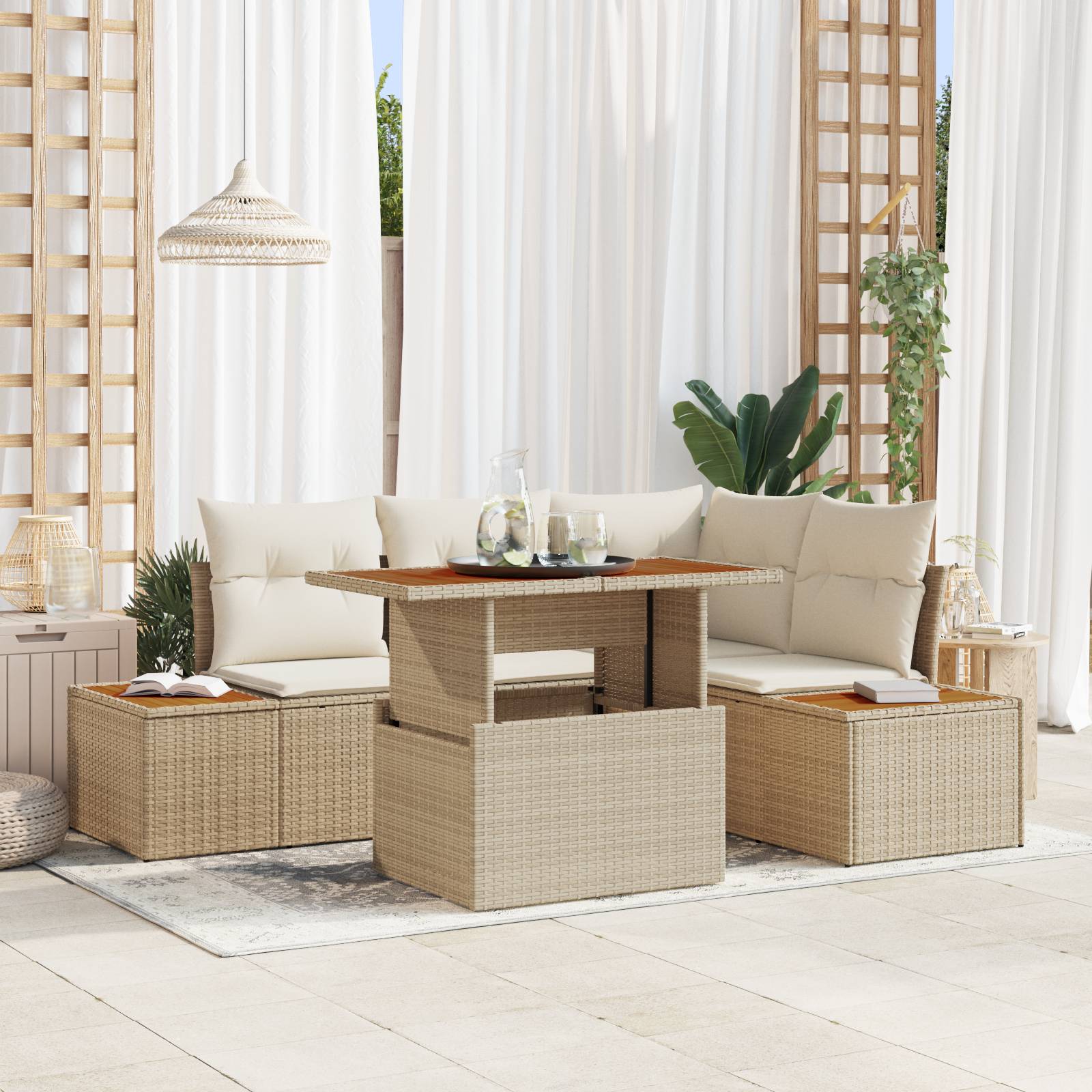vidaXL 5-tlg. Garten-Essgruppe mit Kissen Beige Poly Rattan Akazie
