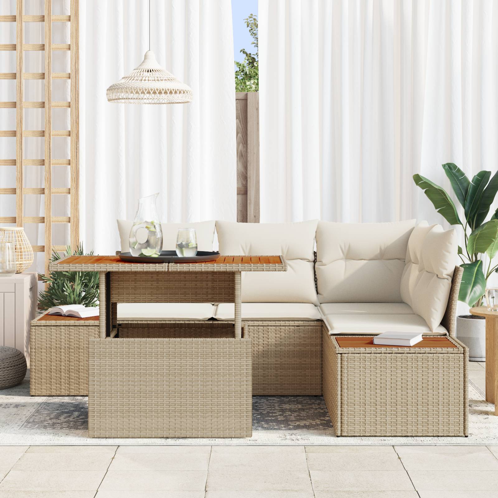 vidaXL 5-tlg. Garten-Essgruppe mit Kissen Beige Poly Rattan Akazie