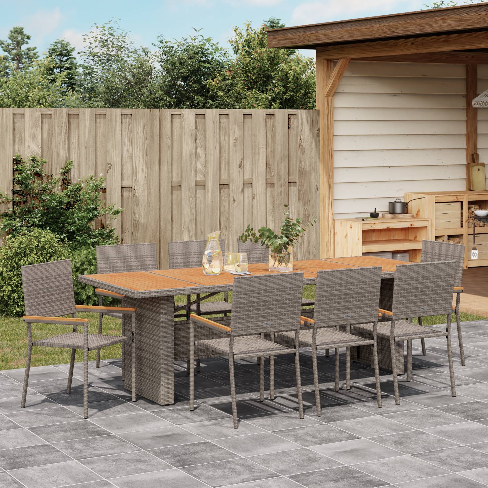 vidaXL 9-tlg. Garten-Essgruppe Grau Poly Rattan