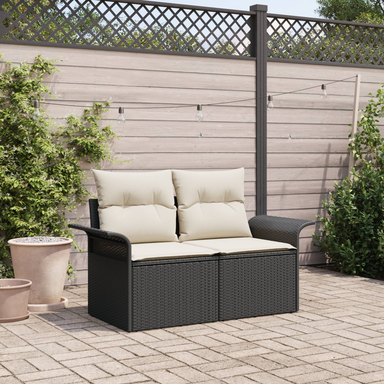 vidaXL Gartensofa 2-Sitzer mit Stauraum und Kissen Schwarz Poly Rattan