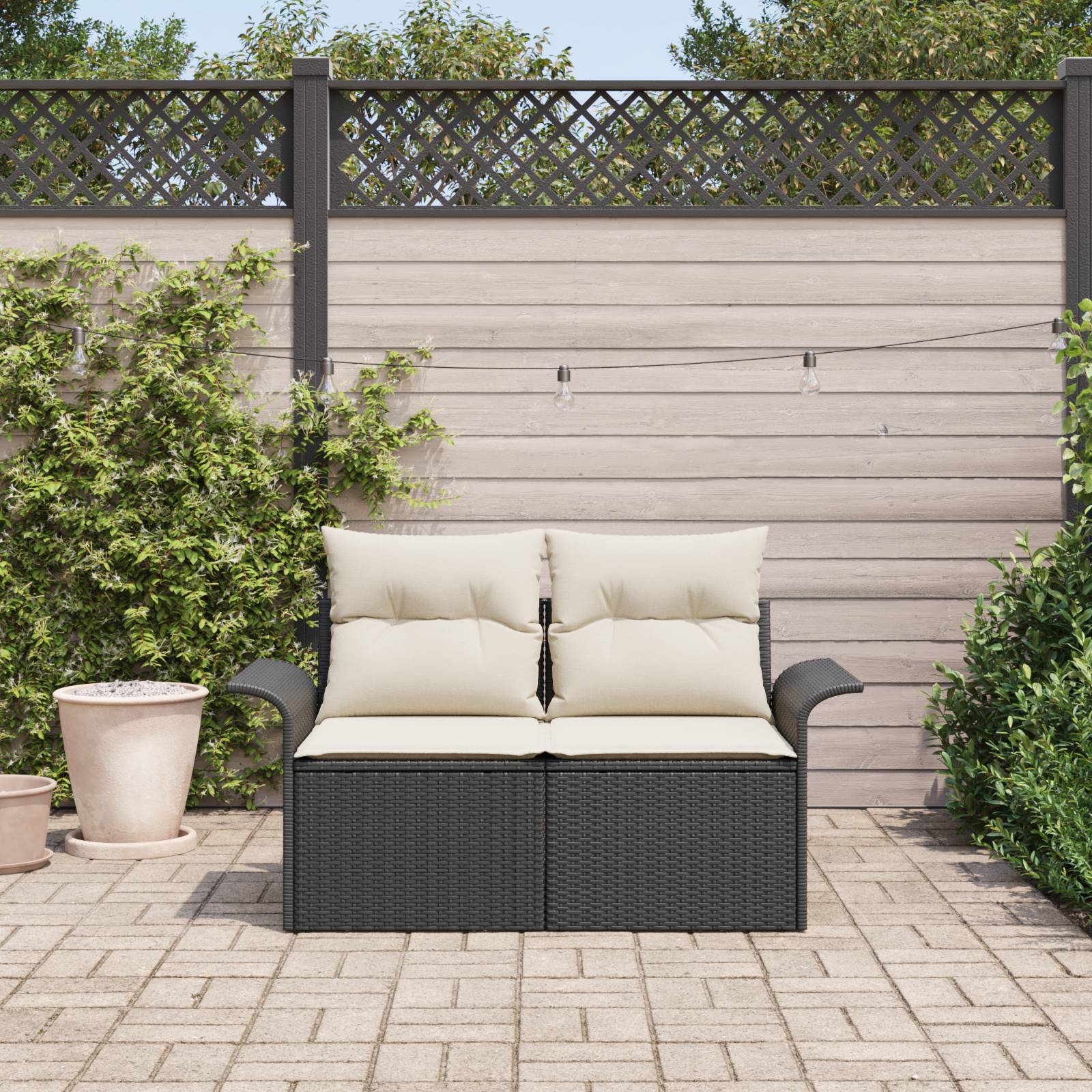 vidaXL Gartensofa 2-Sitzer mit Stauraum und Kissen Schwarz Poly Rattan