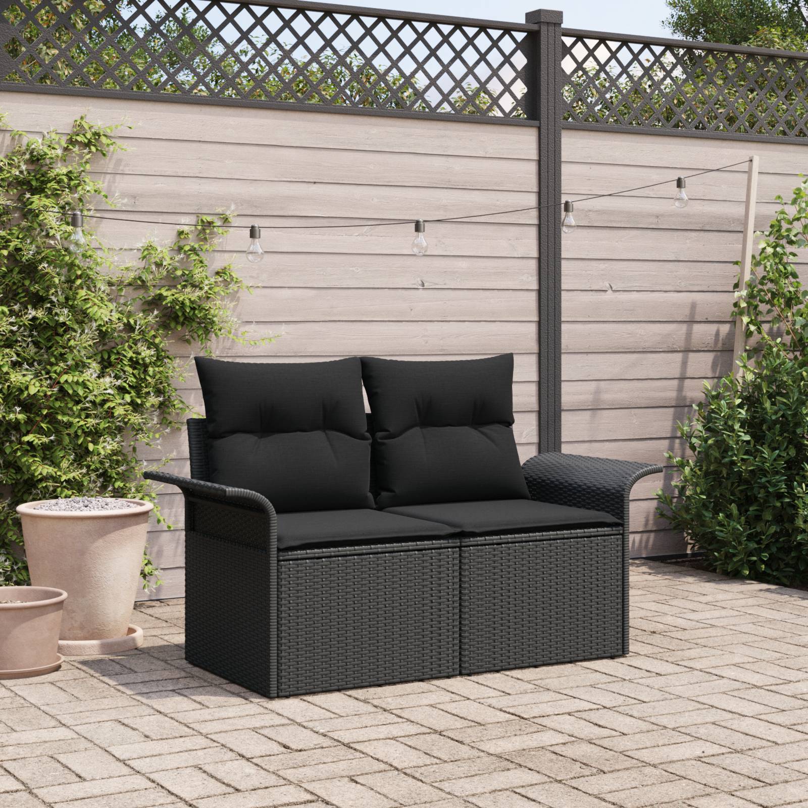 vidaXL Gartensofa 2-Sitzer mit Kissen Schwarz Poly Rattan