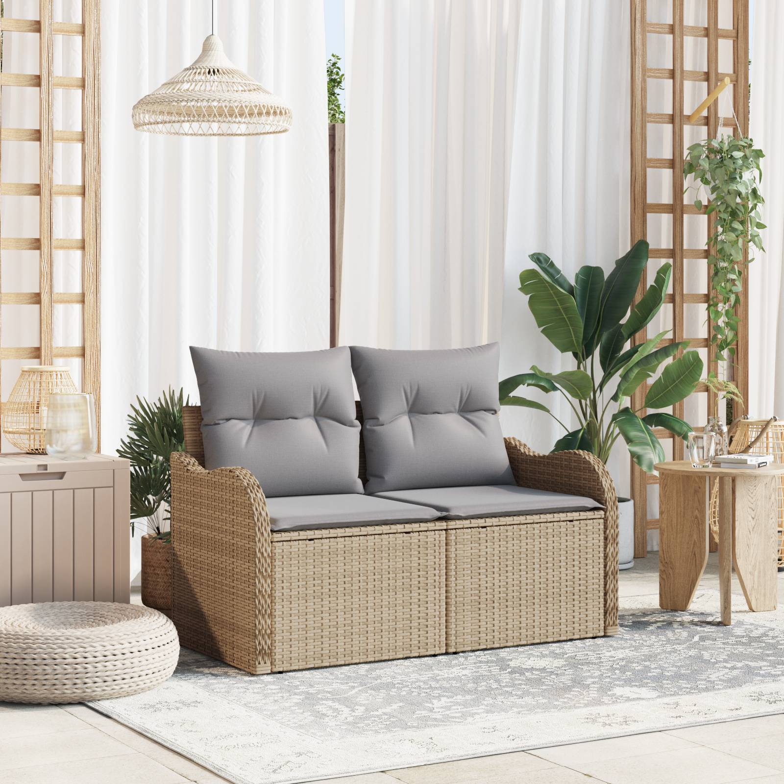 vidaXL Gartensofa 2-Sitzer mit Kissen Beige Poly Rattan