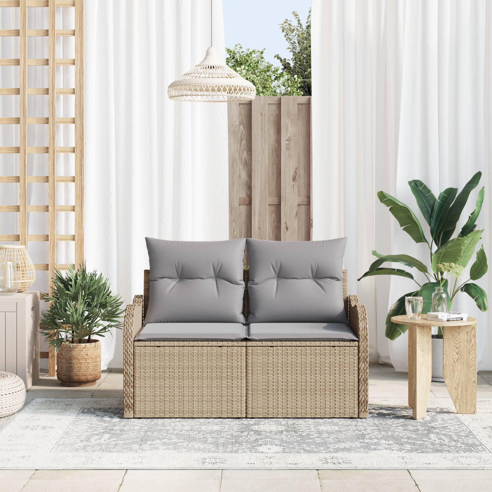 vidaXL Gartensofa 2-Sitzer mit Kissen Beige Poly Rattan