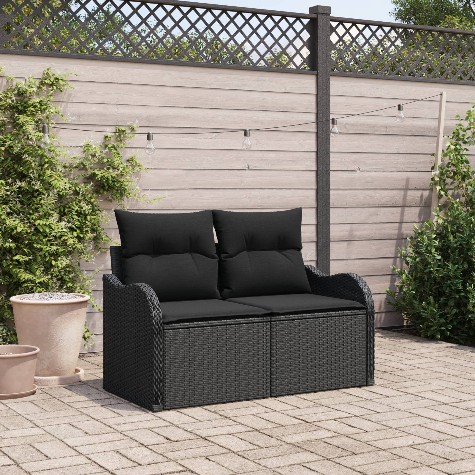 vidaXL Gartensofa 2-Sitzer mit Kissen Schwarz Poly Rattan