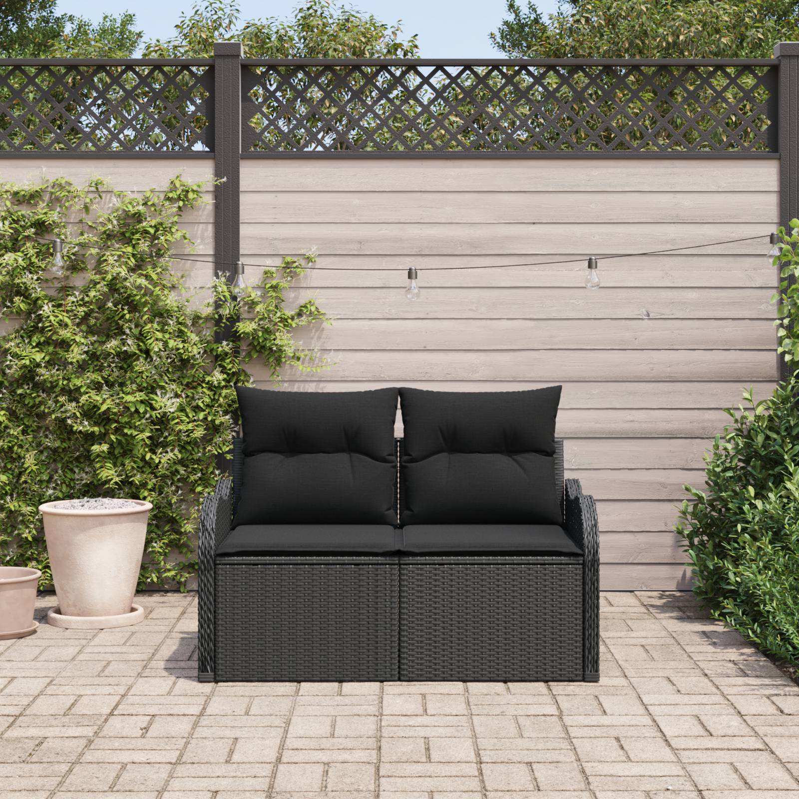 vidaXL Gartensofa 2-Sitzer mit Kissen Schwarz Poly Rattan