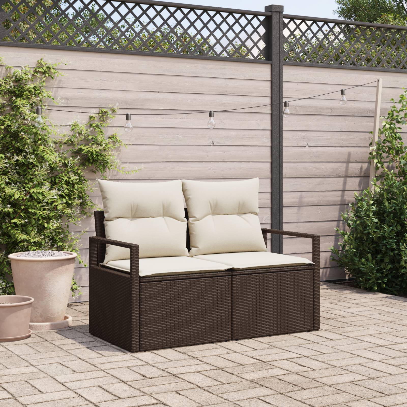 vidaXL Gartensofa 2-Sitzer mit Kissen Braun Poly Rattan