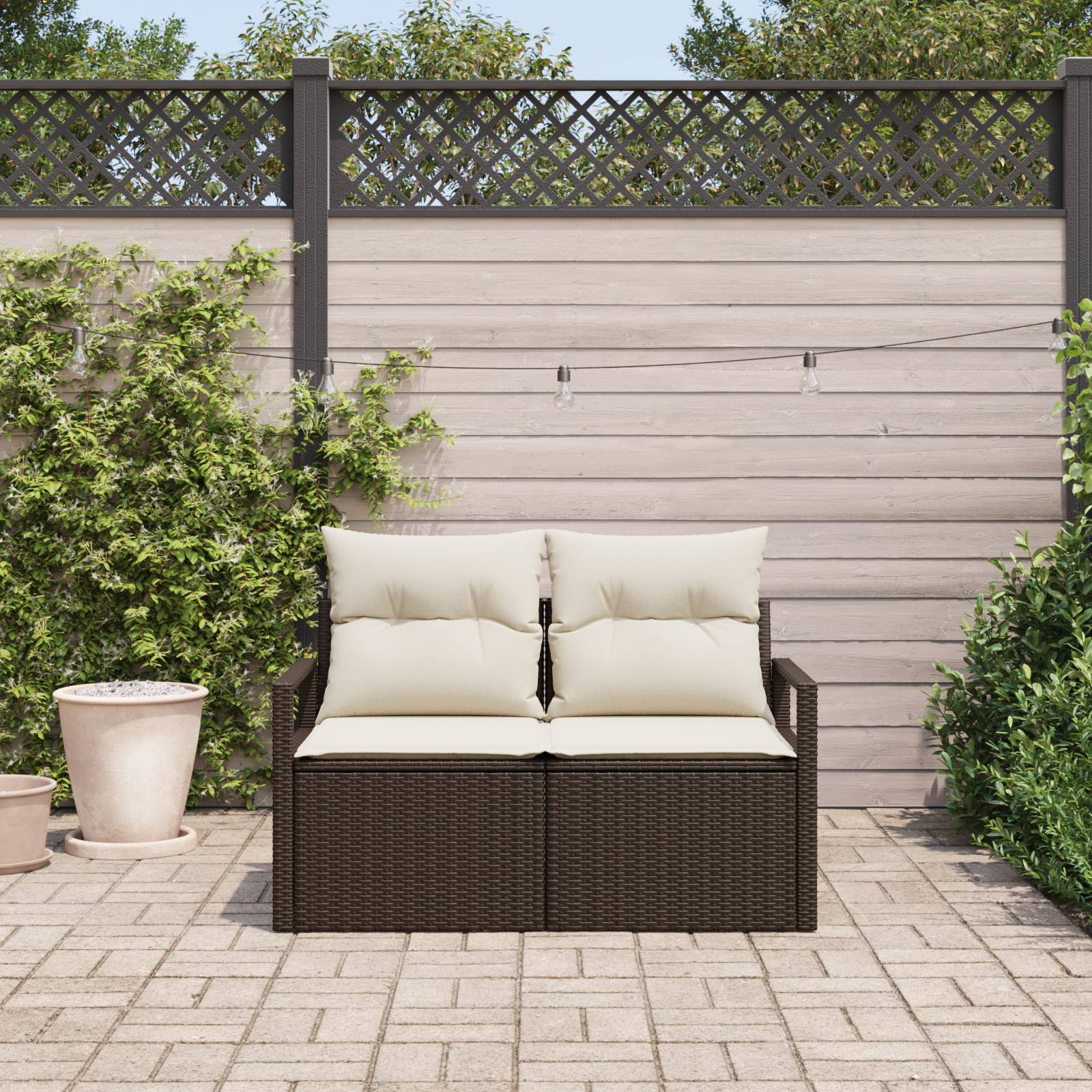 vidaXL Gartensofa 2-Sitzer mit Kissen Braun Poly Rattan