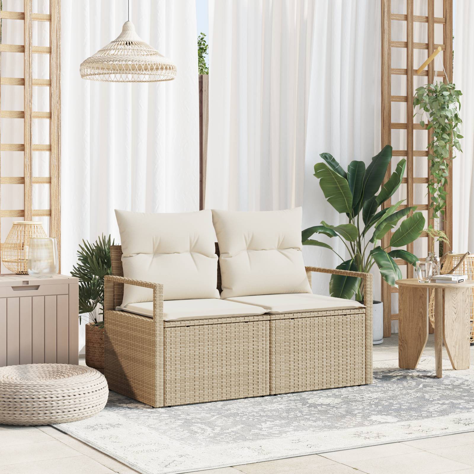 vidaXL Gartensofa 2-Sitzer mit Stauraum und Kissen Beige Poly Rattan