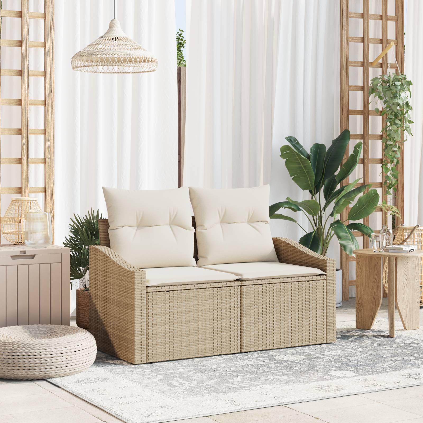 vidaXL Gartensofa 2-Sitzer mit Stauraum und Kissen Beige Poly Rattan