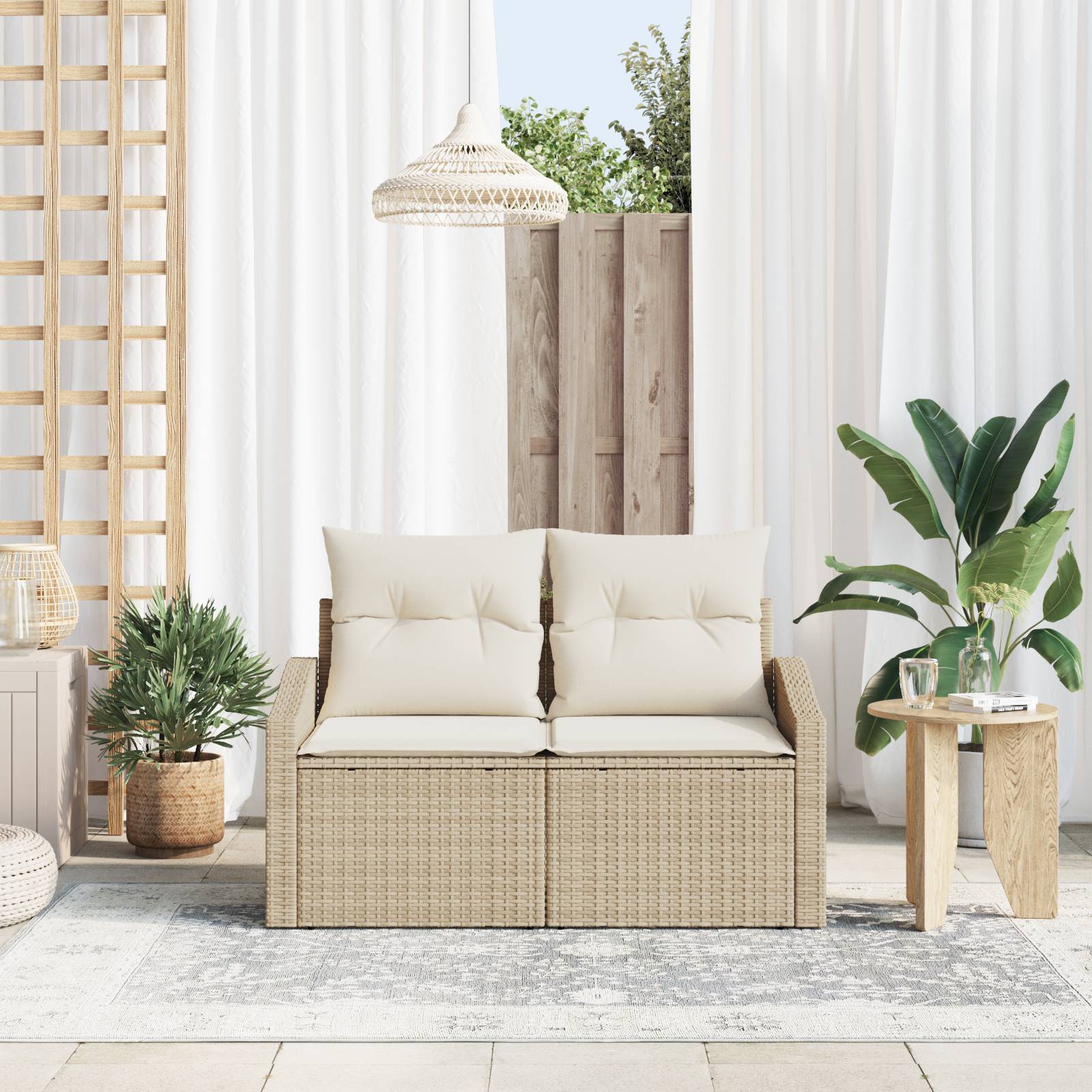 vidaXL Gartensofa 2-Sitzer mit Stauraum und Kissen Beige Poly Rattan