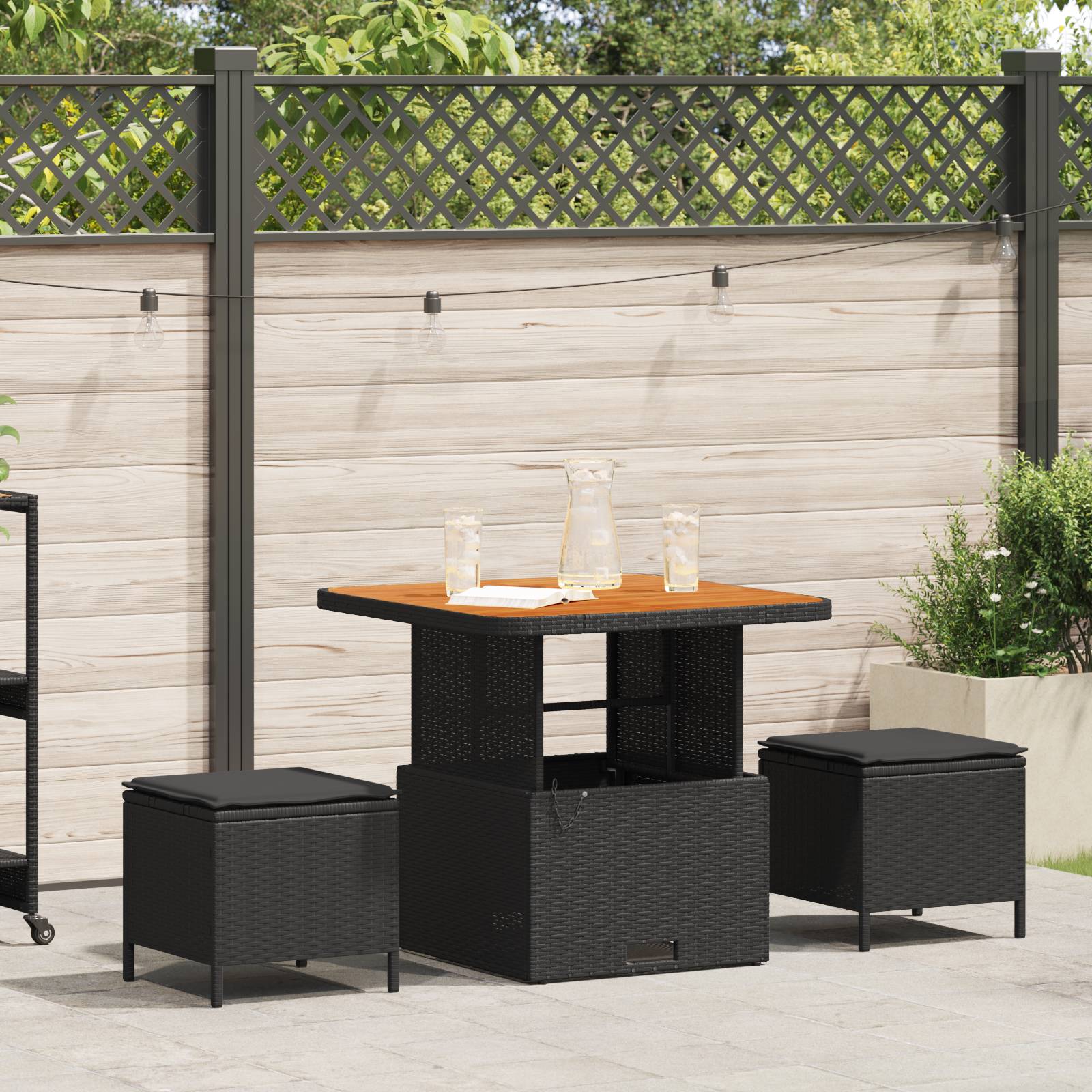 vidaXL 3-tlg. Garten-Essgruppe mit Kissen Schwarz Poly Rattan Akazie