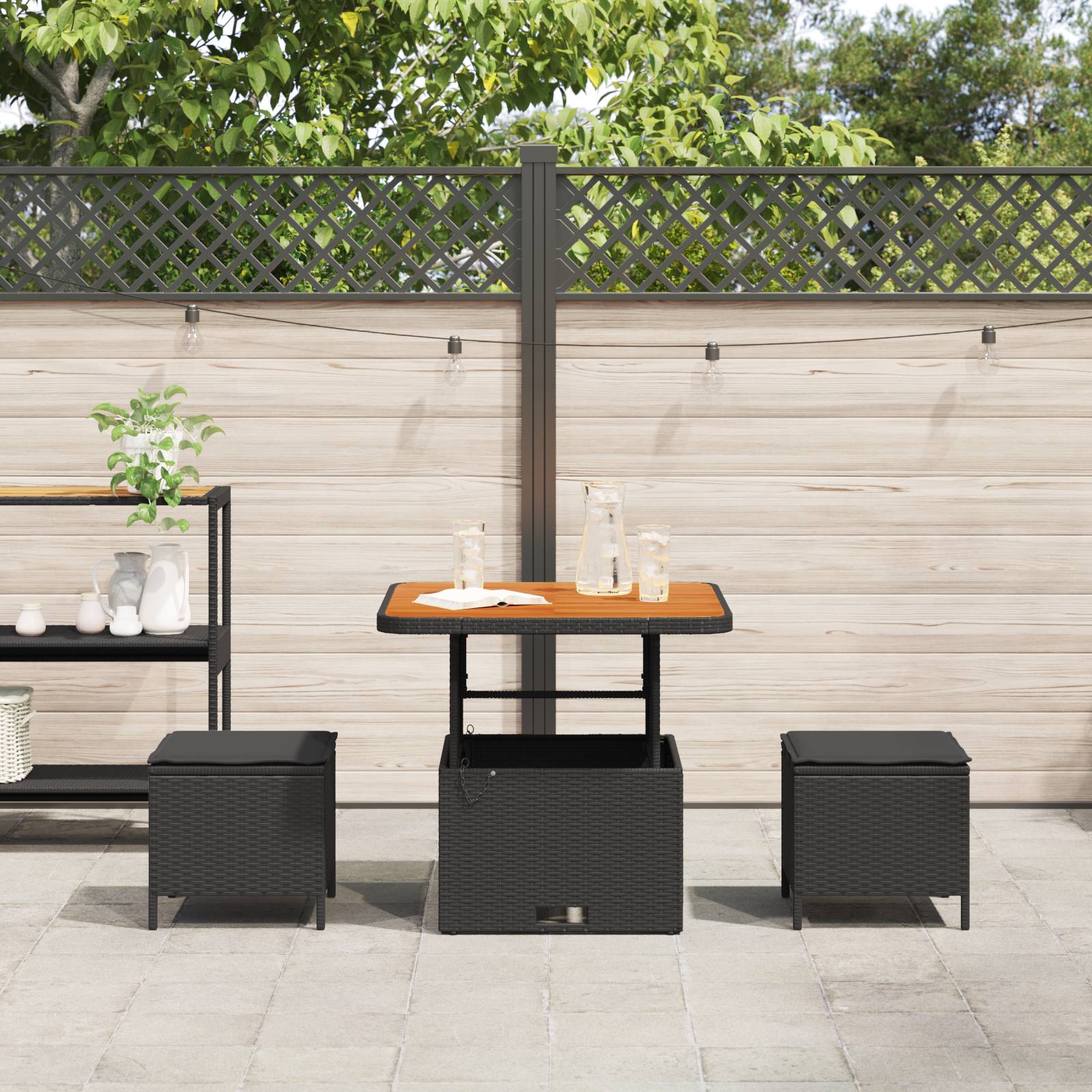 vidaXL 3-tlg. Garten-Essgruppe mit Kissen Schwarz Poly Rattan Akazie