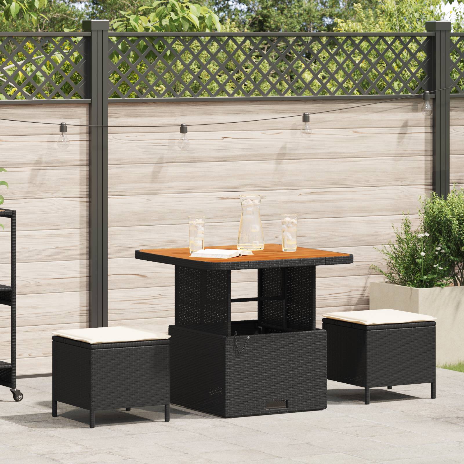 vidaXL 3-tlg. Garten-Essgruppe mit Kissen Schwarz Poly Rattan Akazie