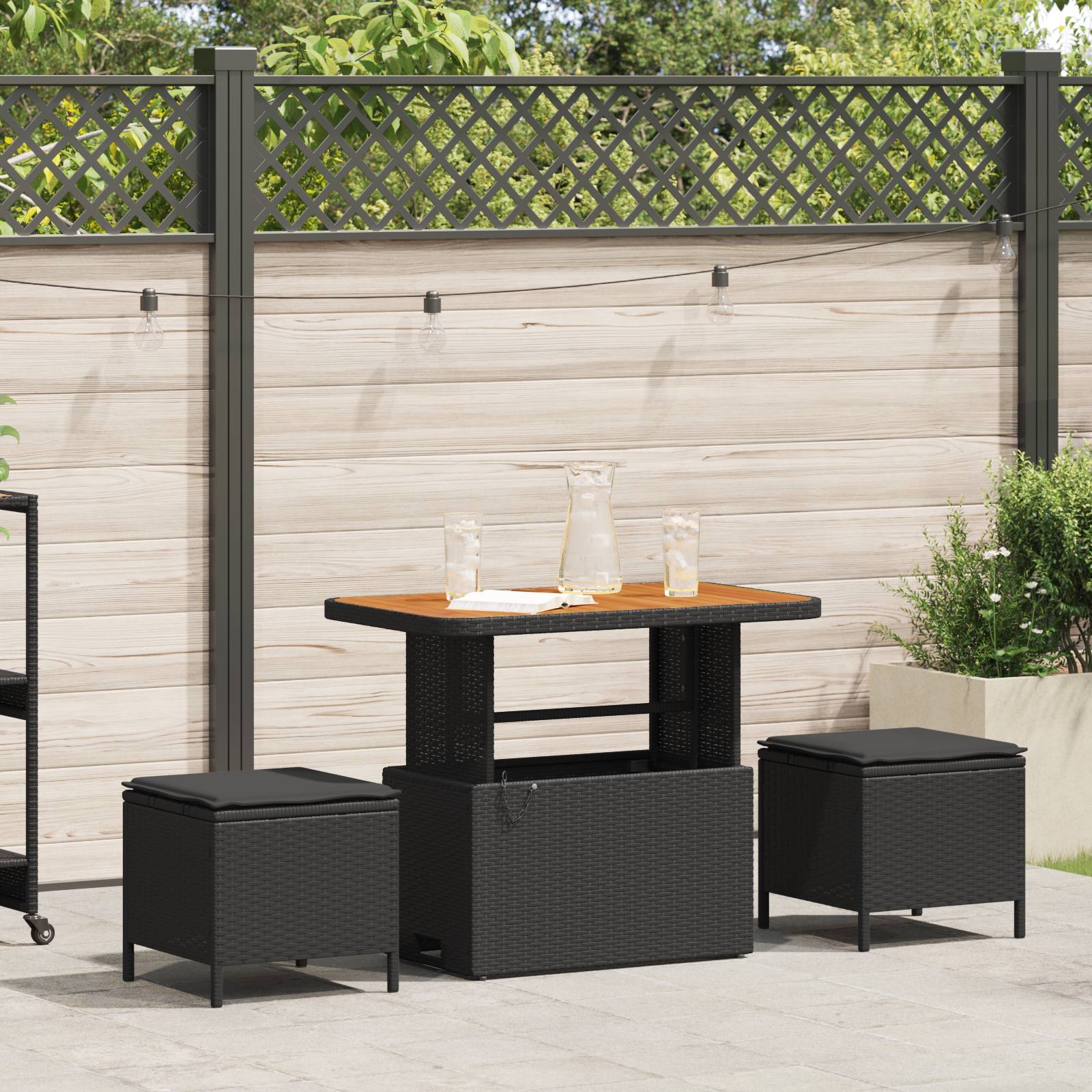 vidaXL 3-tlg. Garten-Essgruppe mit Kissen Schwarz Poly Rattan Akazie