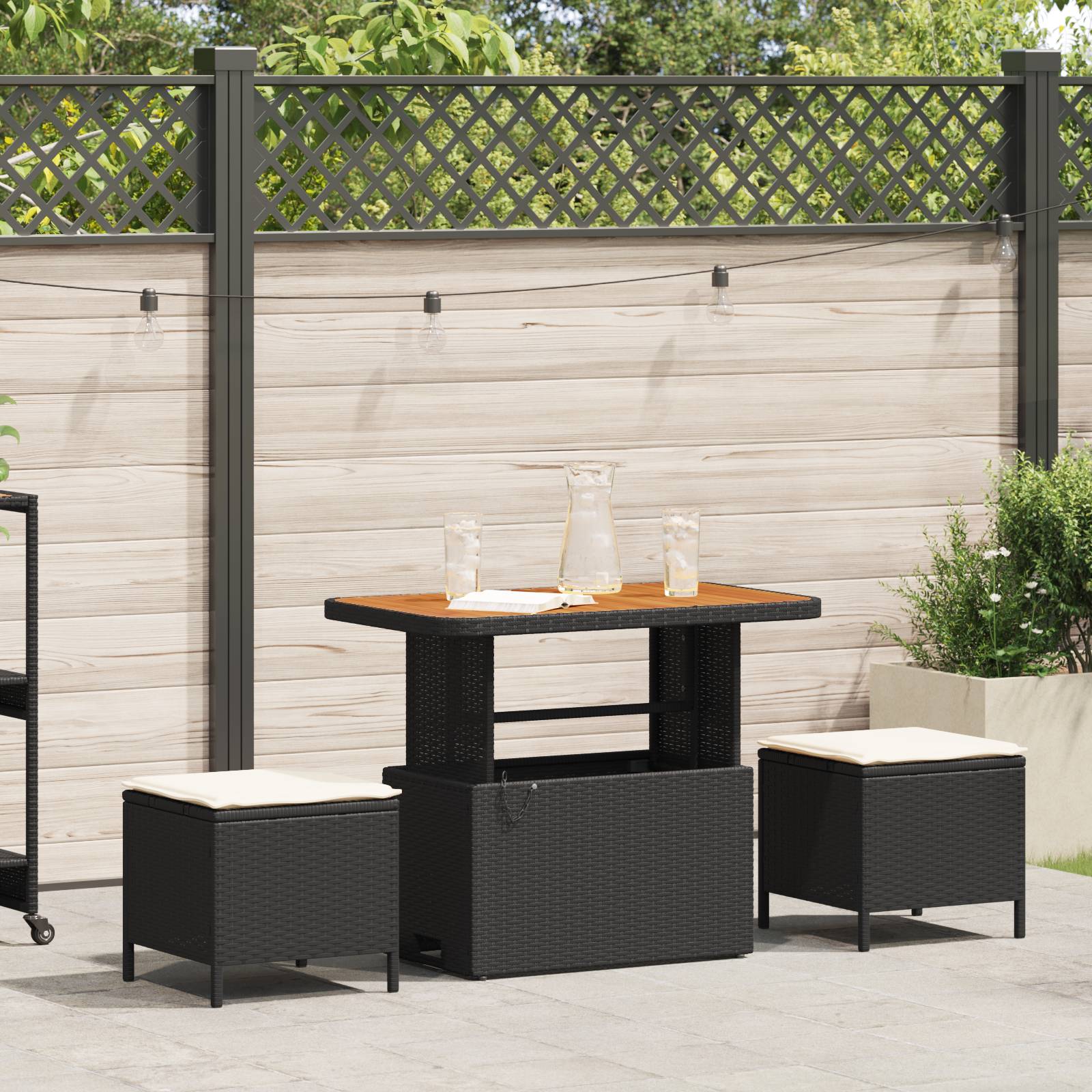 vidaXL 3-tlg. Garten-Essgruppe mit Kissen Schwarz Poly Rattan Akazie