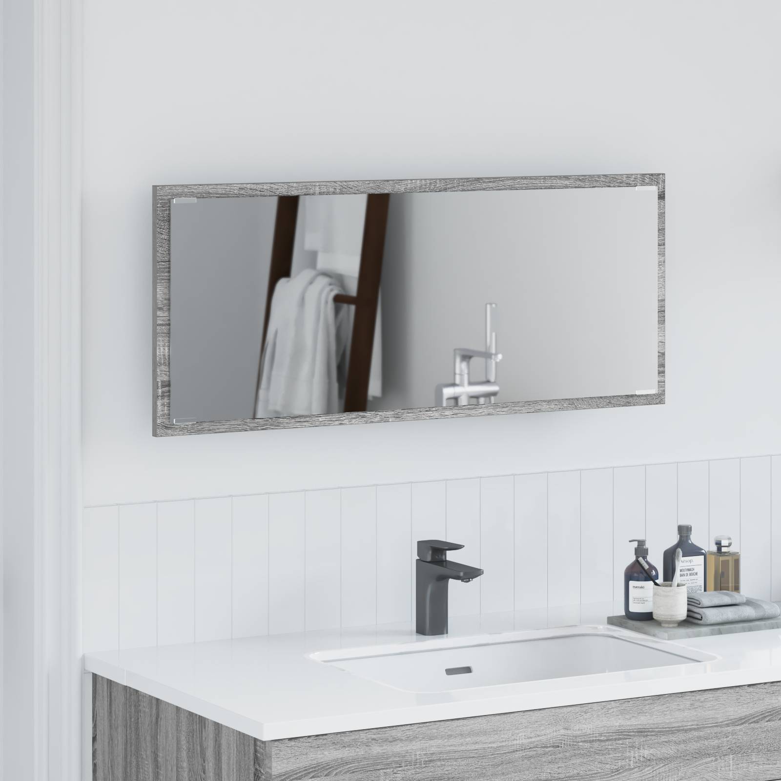 vidaXL Badspiegel mit LED-Leuchte Grau Sonoma 90x8,5x37 cm