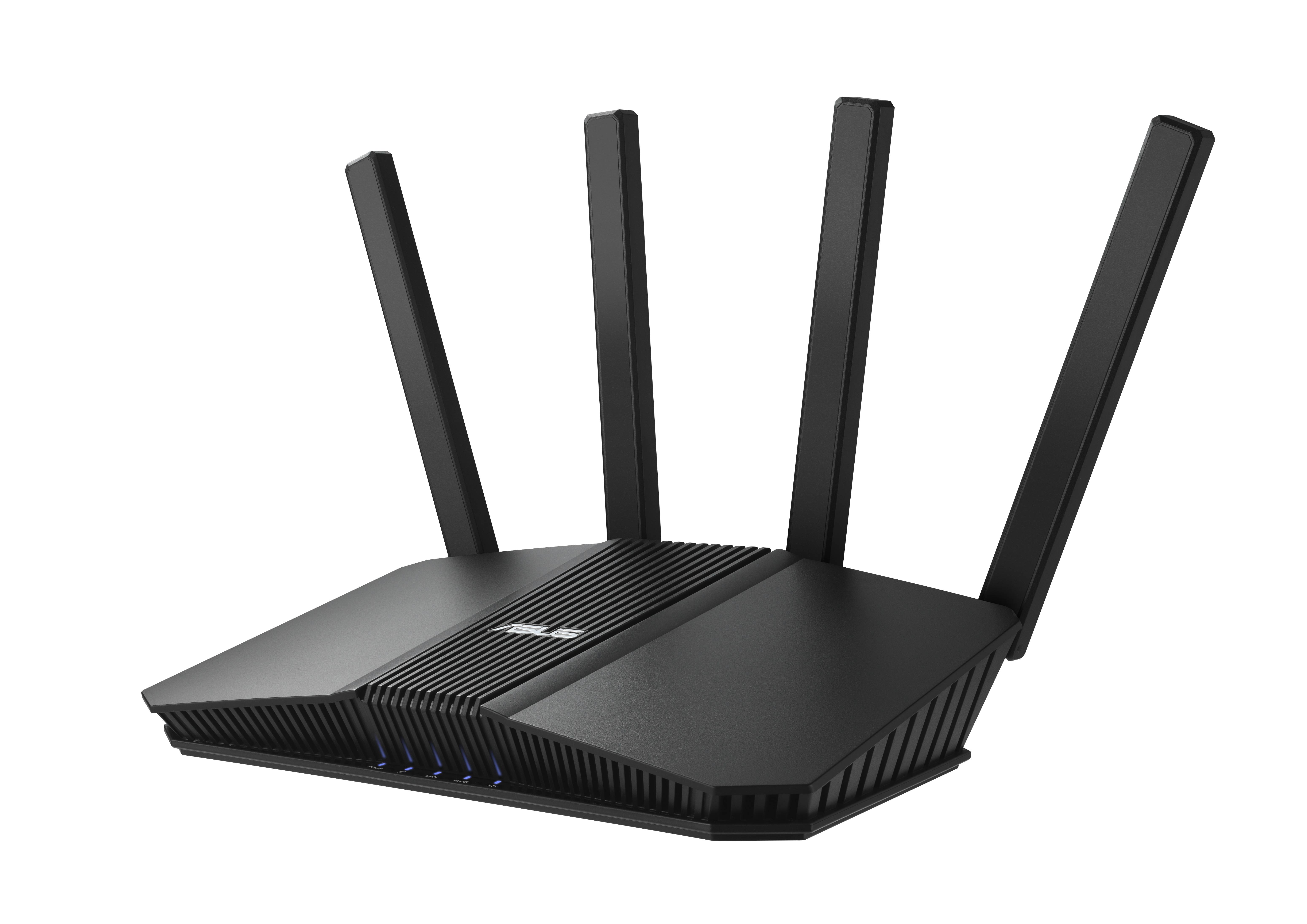 Schwarzer Wi-Fi-Router mit vier aufrechten Antennen auf dunklem Hintergrund.