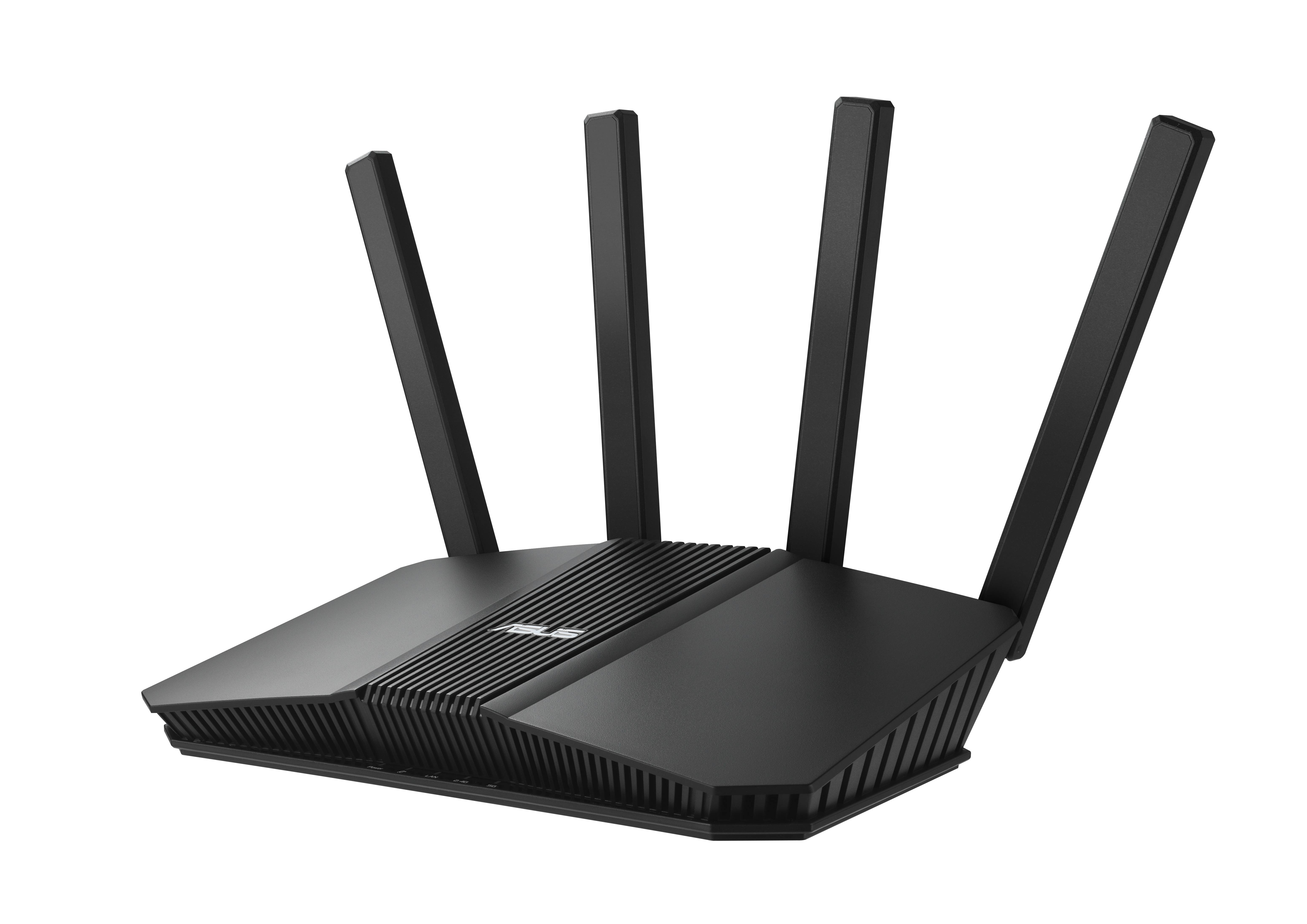 Schwarzer kabelloser Router mit vier aufrechten Antennen auf dunklem Hintergrund.