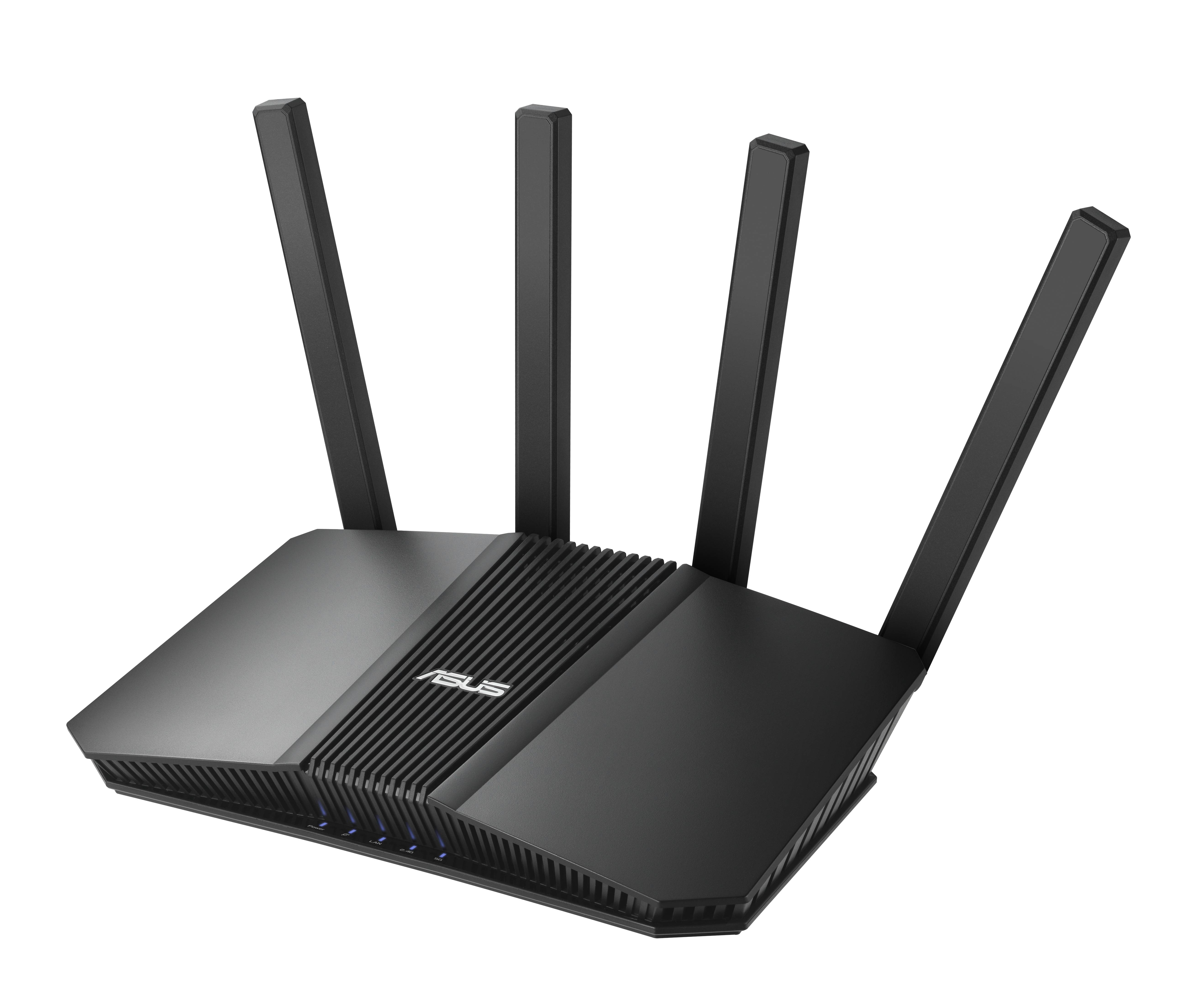 Schwarzer ASUS-WLAN-Router mit vier aufrechten Antennen auf dunklem Hintergrund.