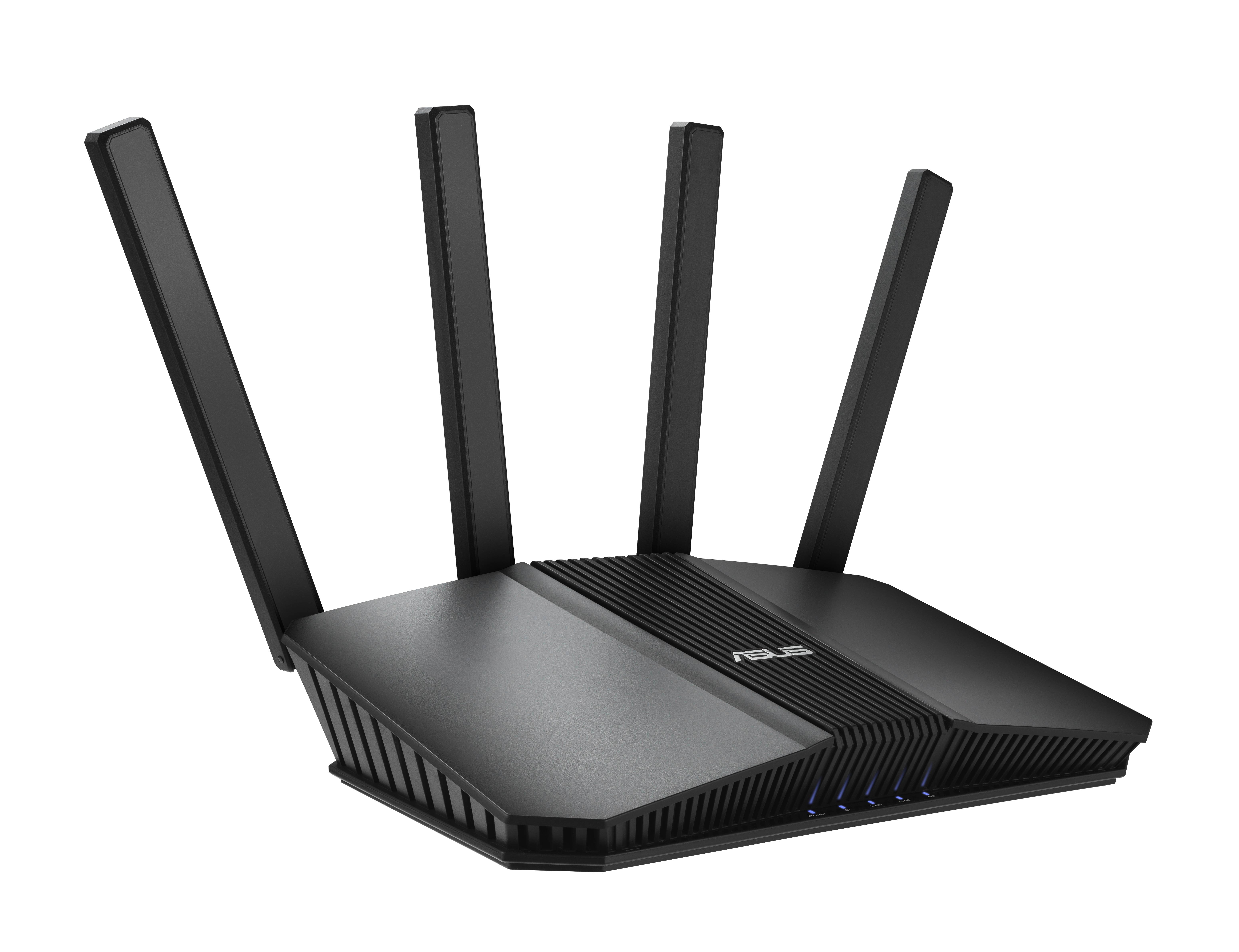 Schwarzer ASUS-WLAN-Router mit vier aufrechten Antennen auf schwarzem Hintergrund.