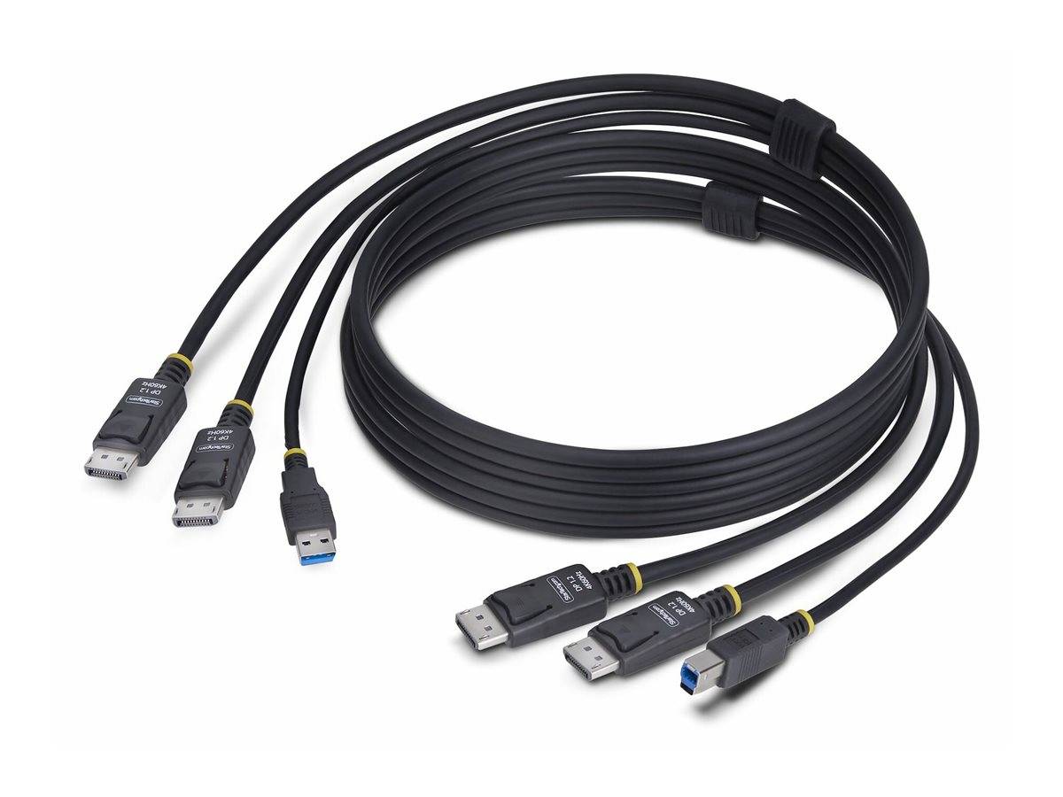 Ein Satz schwarzer Kabel mit verschiedenen Anschlüssen, einschließlich USB, HDMI und DisplayPort, ordentlich aufgerollt, geeignet für elektronische Geräte.