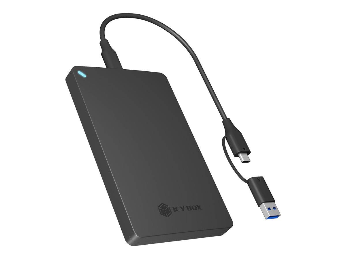 Schwarze externe SSD mit angeschlossenem USB-C-Kabel und USB-A-Adapter, mit einer kleinen blauen Statusleuchte.