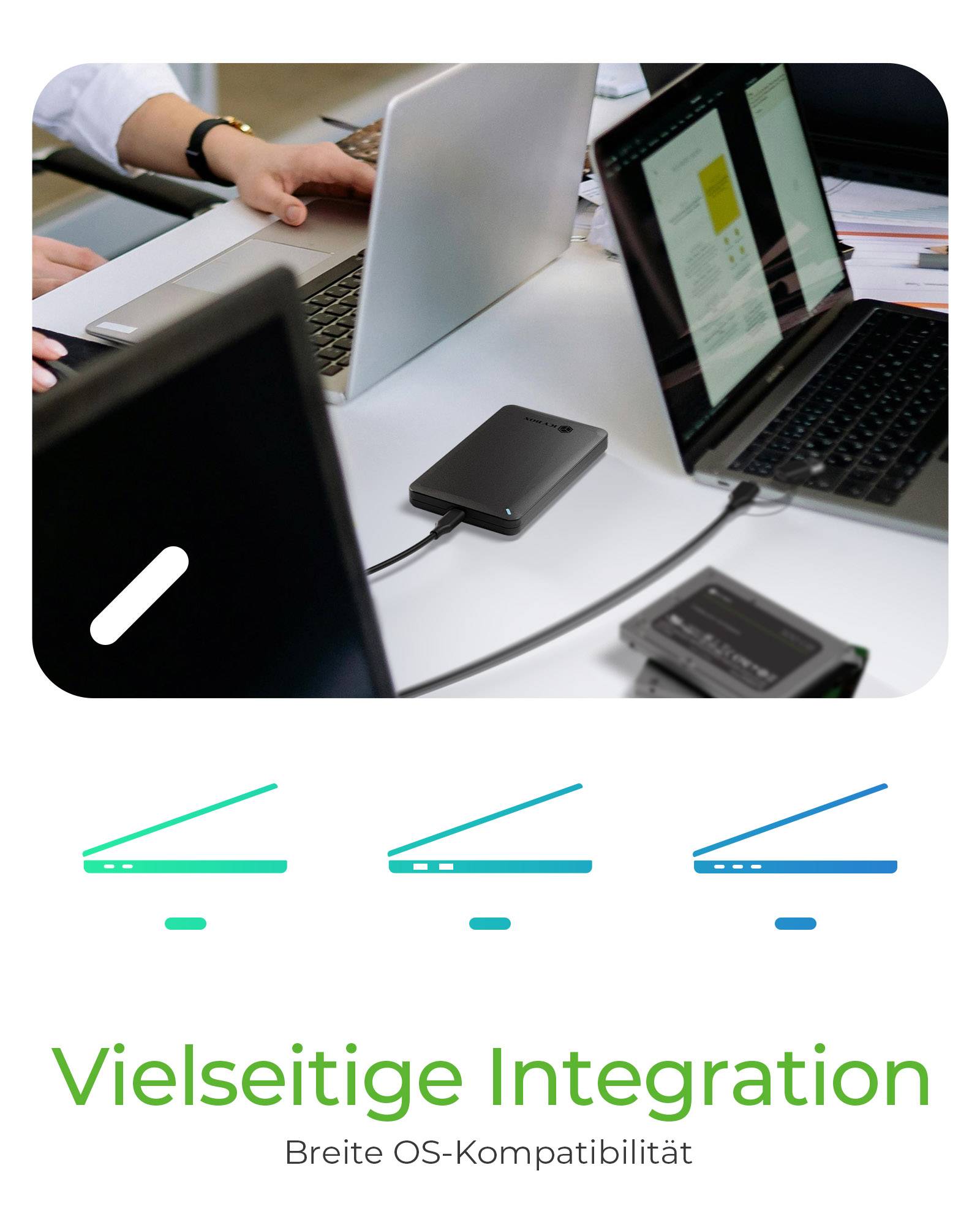 Werbegrafik mit mehreren Laptops, die mit einem zentralen Gerät verbunden sind, mit drei farbcodierten Balken darunter und dem deutschen Text 