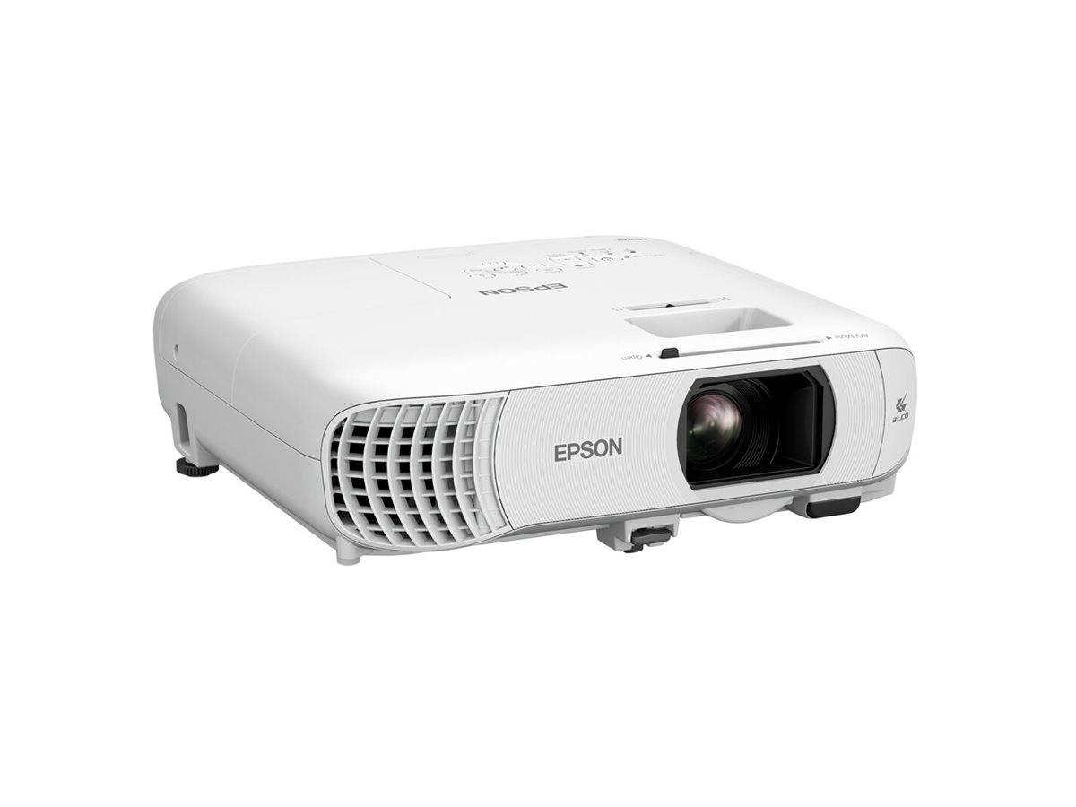 Ein weißer Epson-Projektor mit Objektiv auf der rechten Seite, belüfteter Konstruktion und Steuerungstasten auf der Oberseite. Geeignet für Präsentationen und Heimanwendungen.