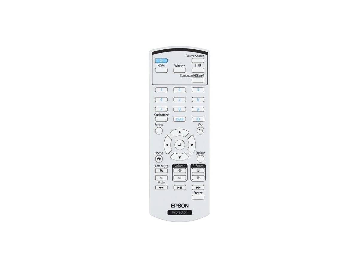 Epson-Projektorfernbedienung mit Tasten zur Quellauswahl, Lautstärkeregelung, Menünavigation und Steuerung, entwickelt für den Heimkinobereich.